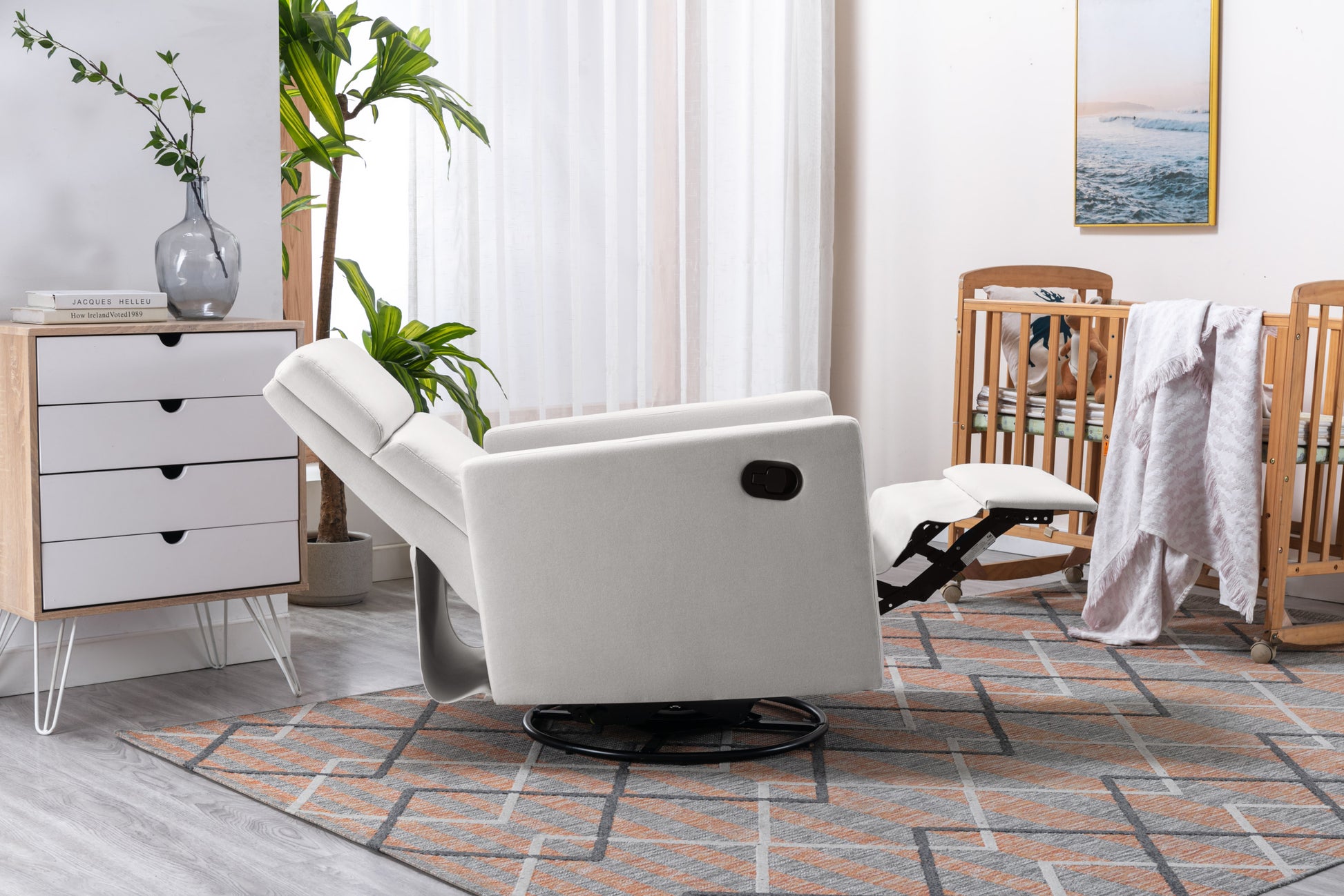 Modern Upholstered Rocker Nursery Chair Plush Seating Glider Swivel Recliner Chair, Beige Beige Linen
