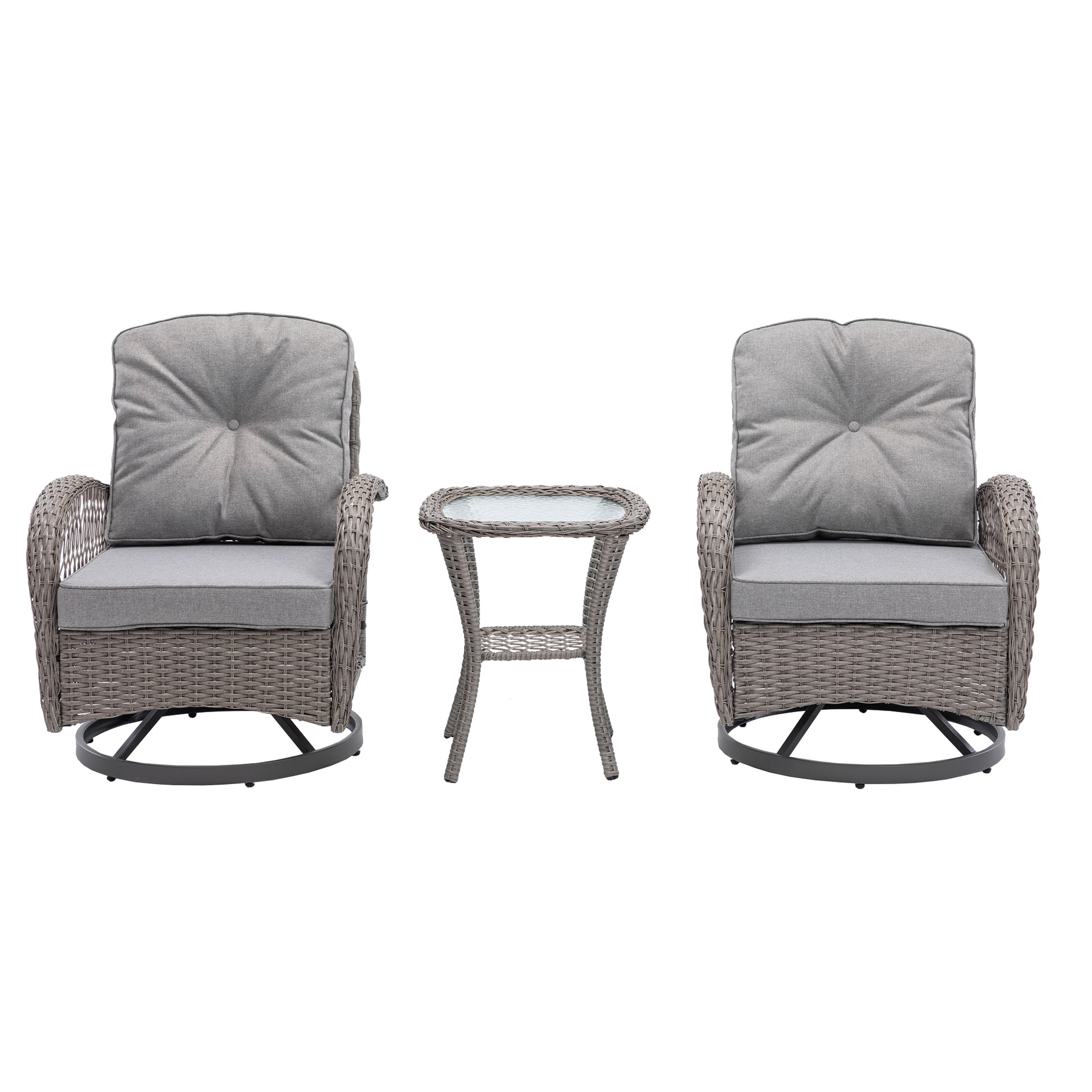 3 Pieces Outdoor Swivel Rocker Patio Chairs, 360 Degree Rocking Patio Conversation Set With Thickened Cushions And Glass Coffee Table For Backyard, Grey Grey Steel