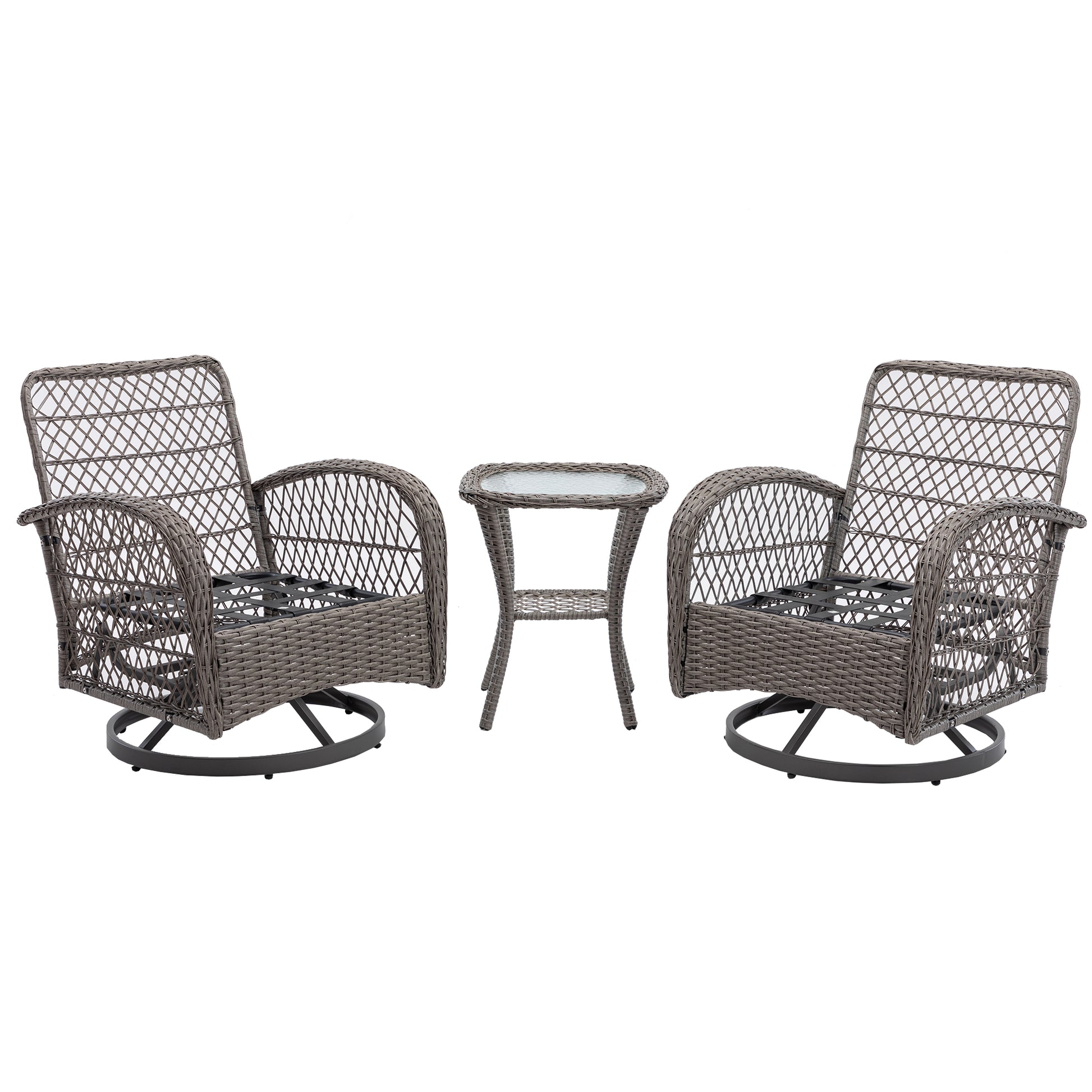3 Pieces Outdoor Swivel Rocker Patio Chairs, 360 Degree Rocking Patio Conversation Set With Thickened Cushions And Glass Coffee Table For Backyard, Grey Grey Steel