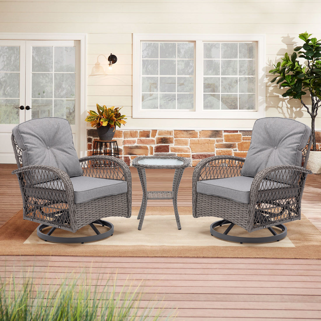 3 Pieces Outdoor Swivel Rocker Patio Chairs, 360 Degree Rocking Patio Conversation Set With Thickened Cushions And Glass Coffee Table For Backyard, Grey Grey Steel