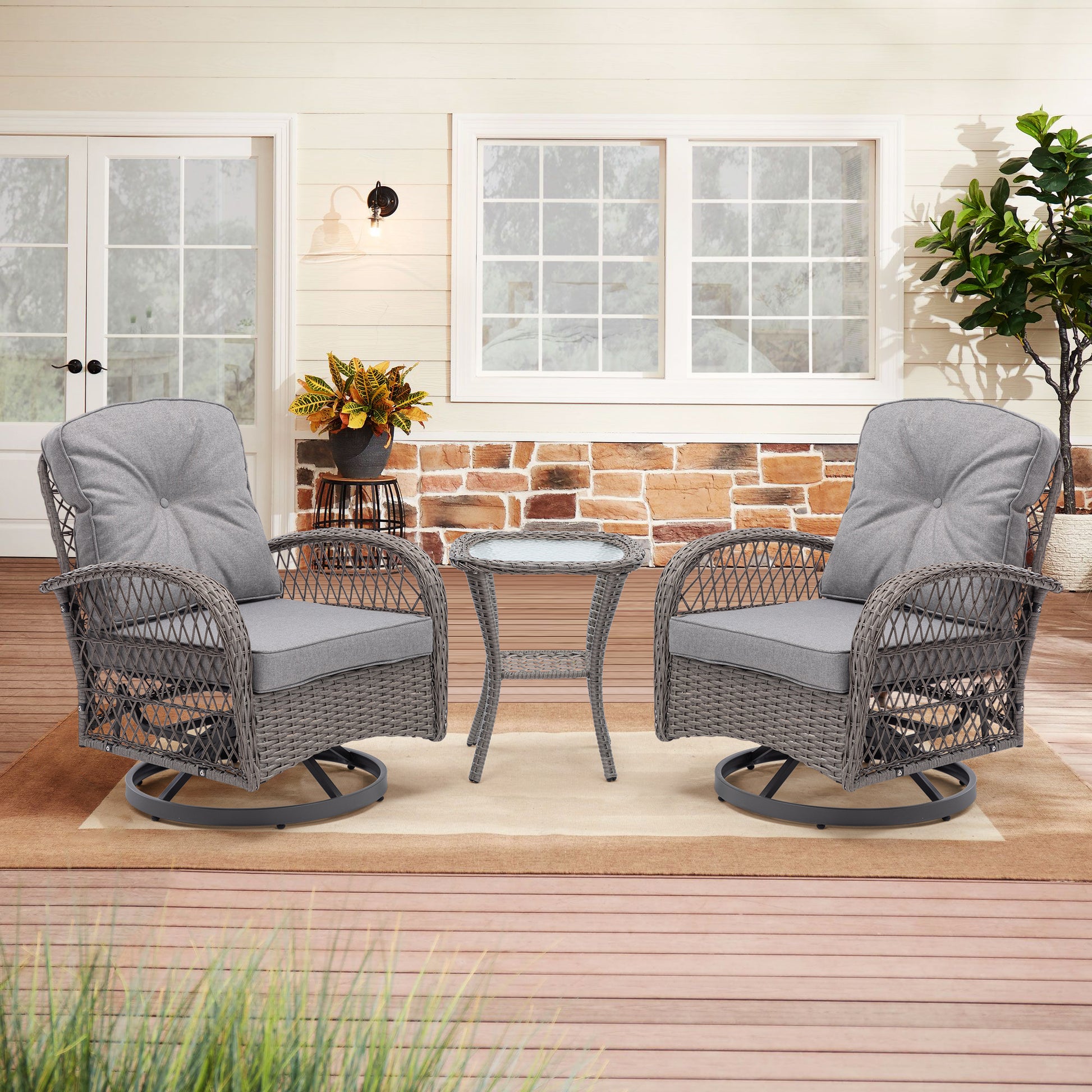 3 Pieces Outdoor Swivel Rocker Patio Chairs, 360 Degree Rocking Patio Conversation Set With Thickened Cushions And Glass Coffee Table For Backyard, Grey Grey Steel