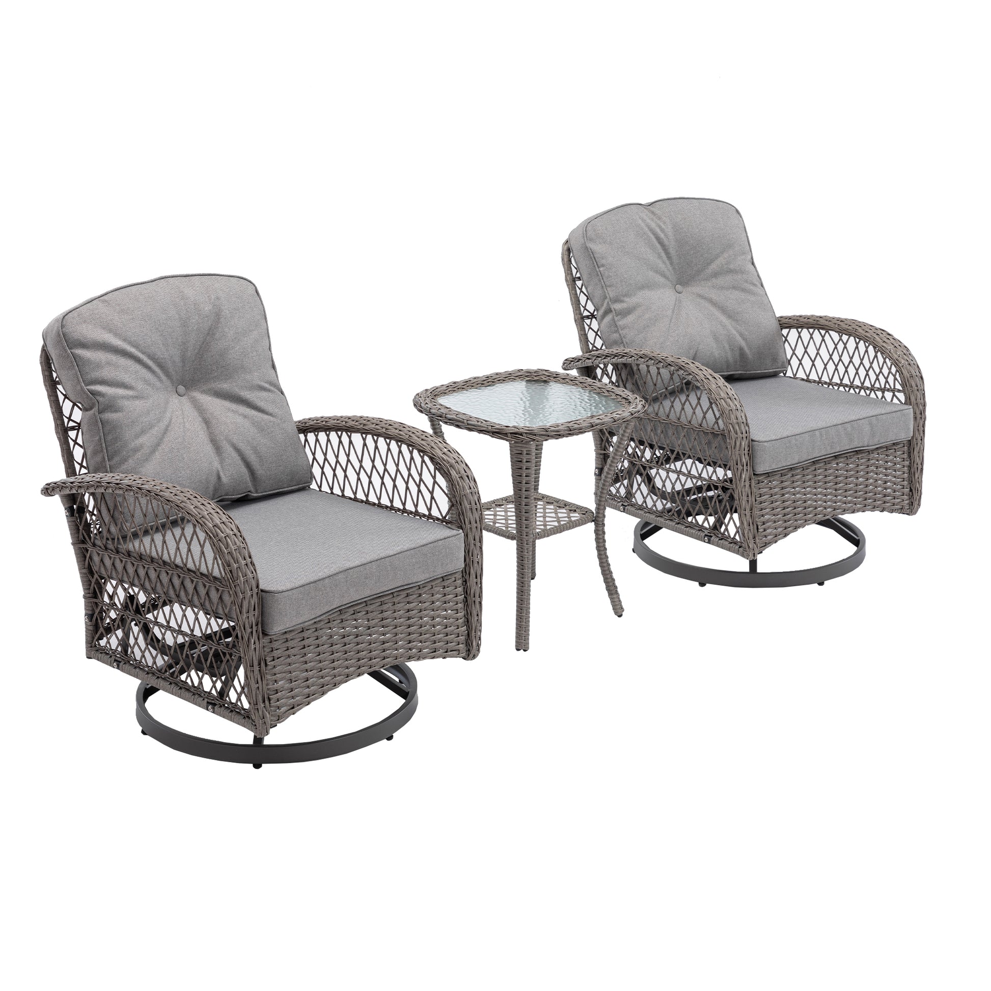 3 Pieces Outdoor Swivel Rocker Patio Chairs, 360 Degree Rocking Patio Conversation Set With Thickened Cushions And Glass Coffee Table For Backyard, Grey Grey Steel