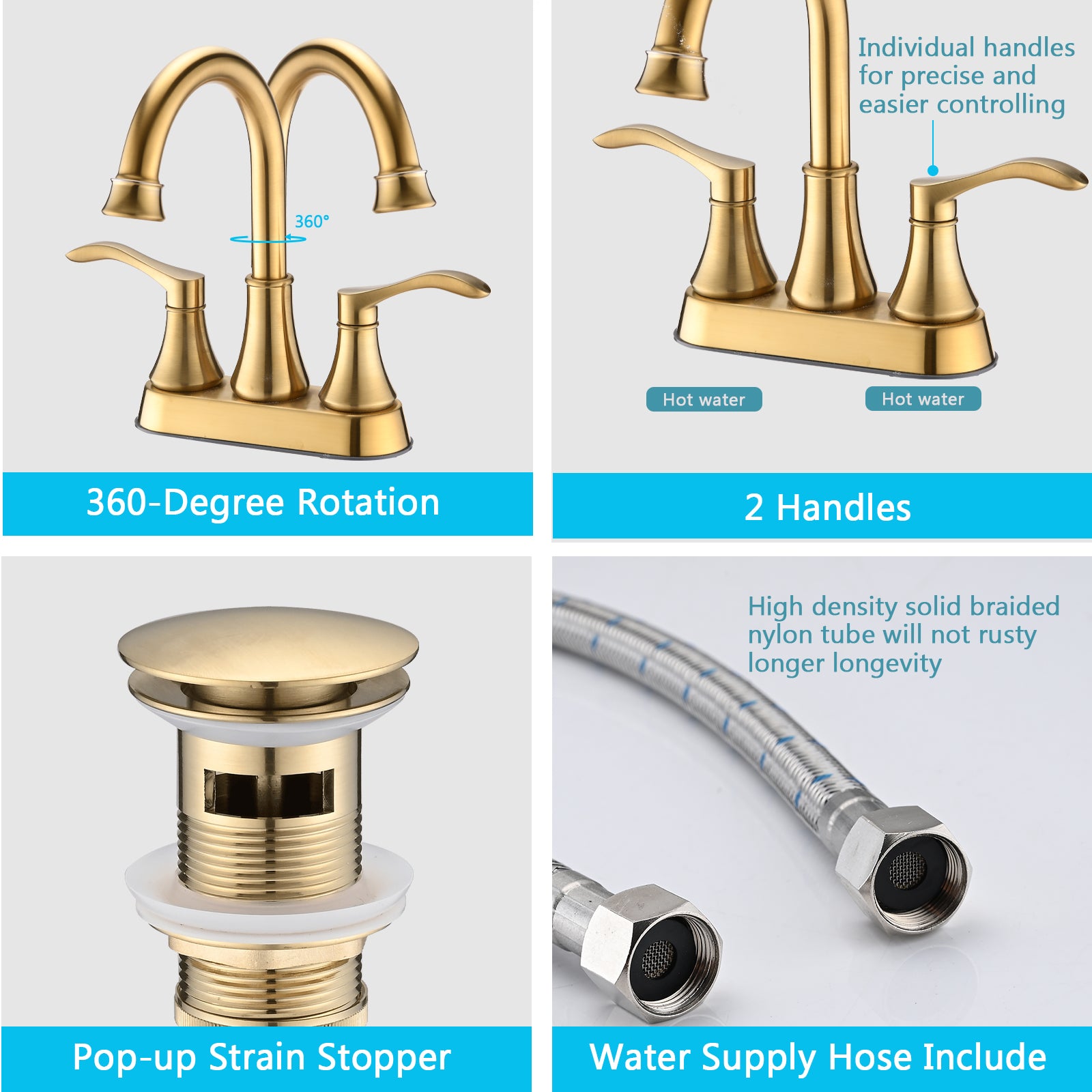 4 Inches Centerset Bathroom Faucet 360 Swivel Spout, With Pop Up Drain Brushed Gold Brushed Gold Zinc