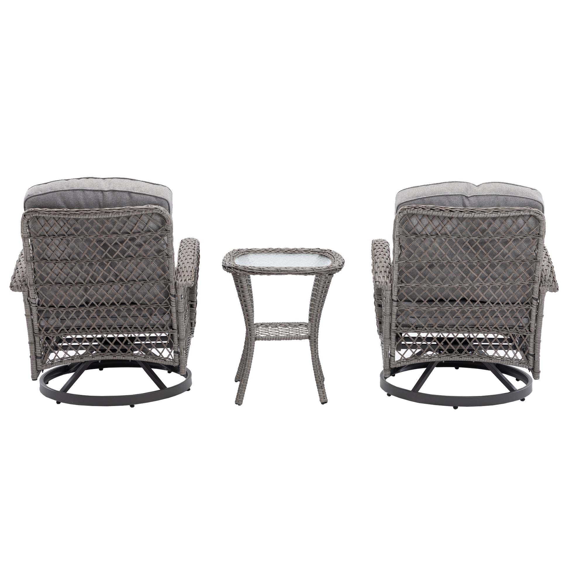 3 Pieces Outdoor Swivel Rocker Patio Chairs, 360 Degree Rocking Patio Conversation Set With Thickened Cushions And Glass Coffee Table For Backyard, Grey Grey Steel