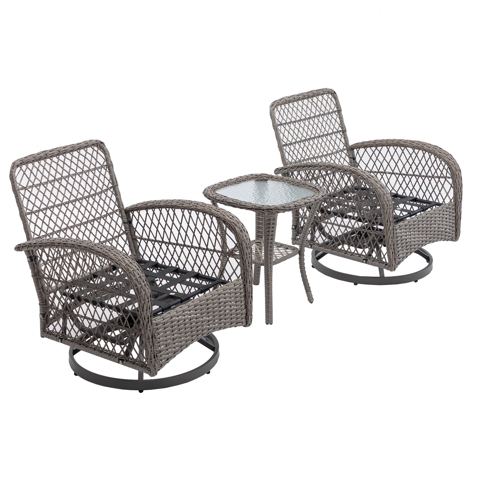 3 Pieces Outdoor Swivel Rocker Patio Chairs, 360 Degree Rocking Patio Conversation Set With Thickened Cushions And Glass Coffee Table For Backyard, Grey Grey Steel