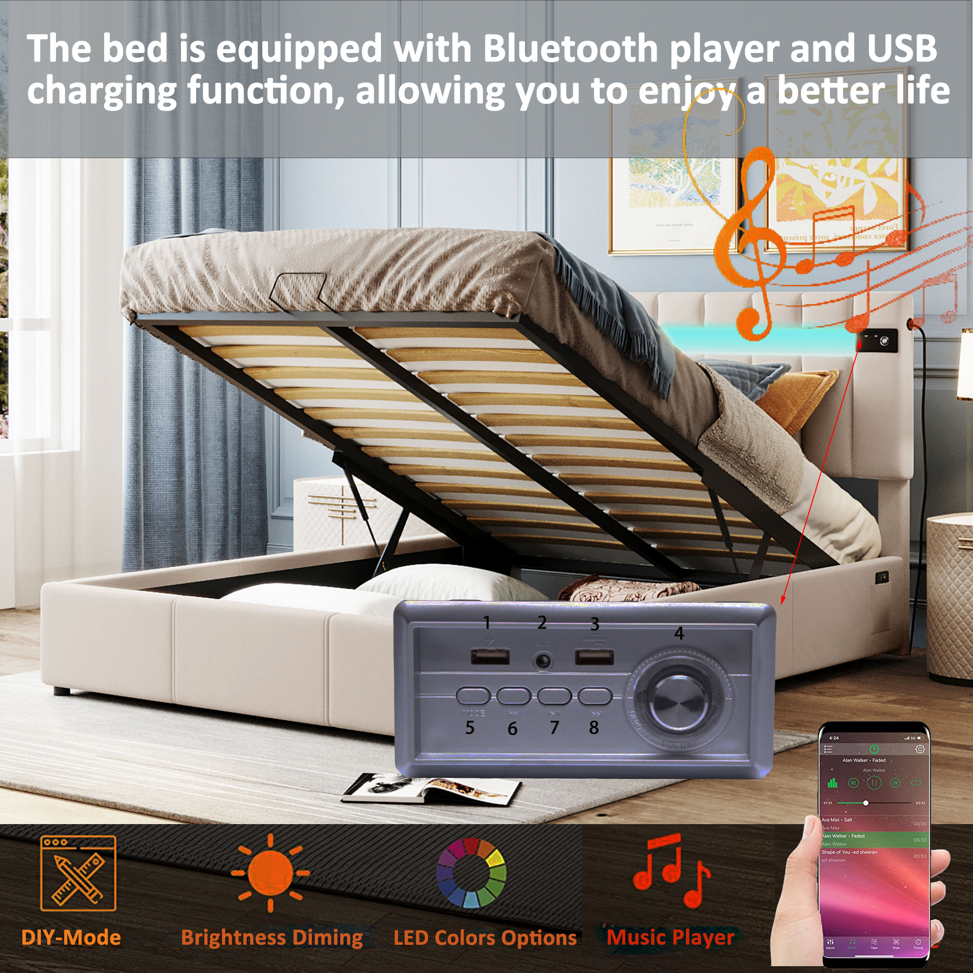 Upholstered Bed Queen Size With Led Light, Bluetooth Player And Usb Charging, Hydraulic Storage Bed In Beige Velvet Fabric Beige Foam Upholstered