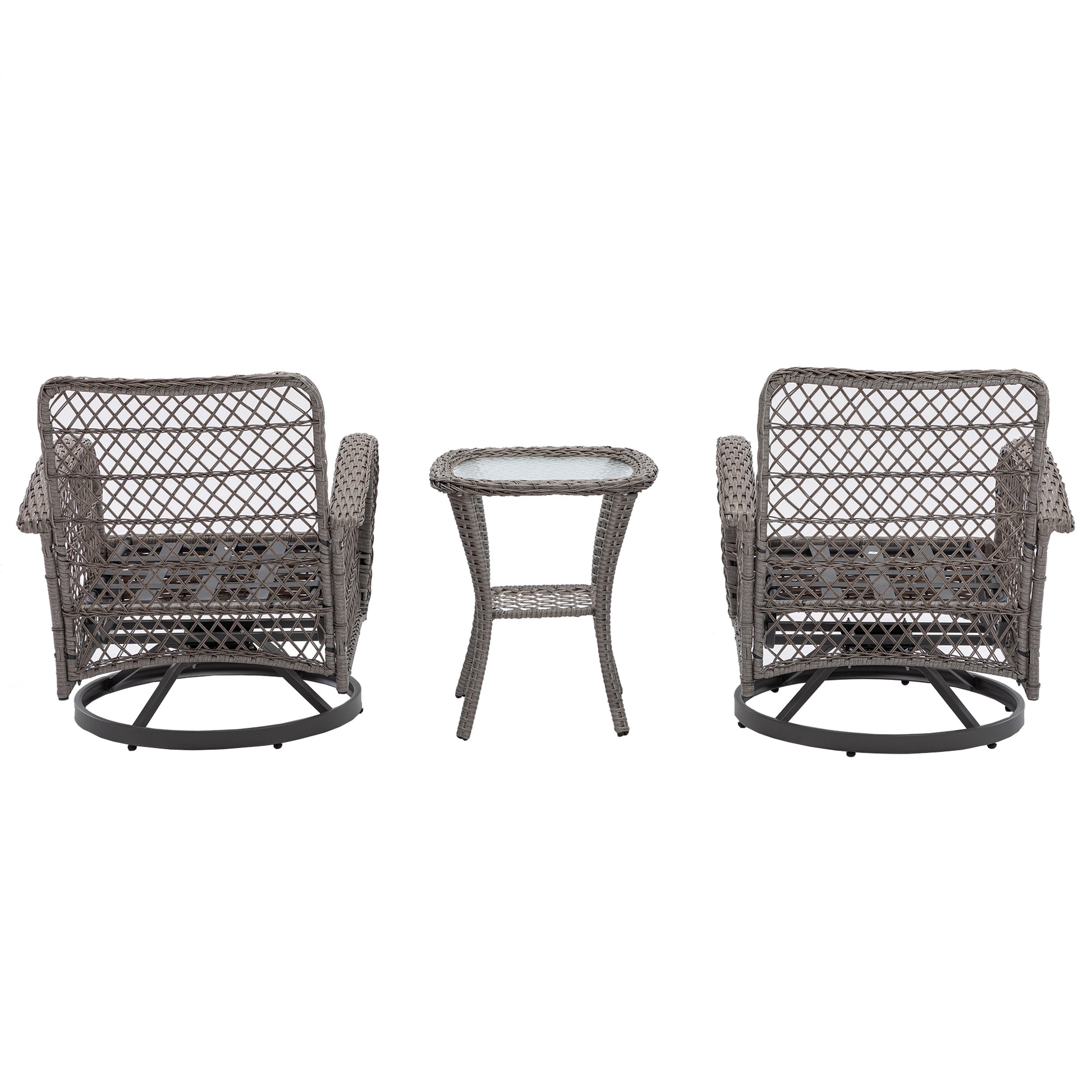 3 Pieces Outdoor Swivel Rocker Patio Chairs, 360 Degree Rocking Patio Conversation Set With Thickened Cushions And Glass Coffee Table For Backyard, Grey Grey Steel