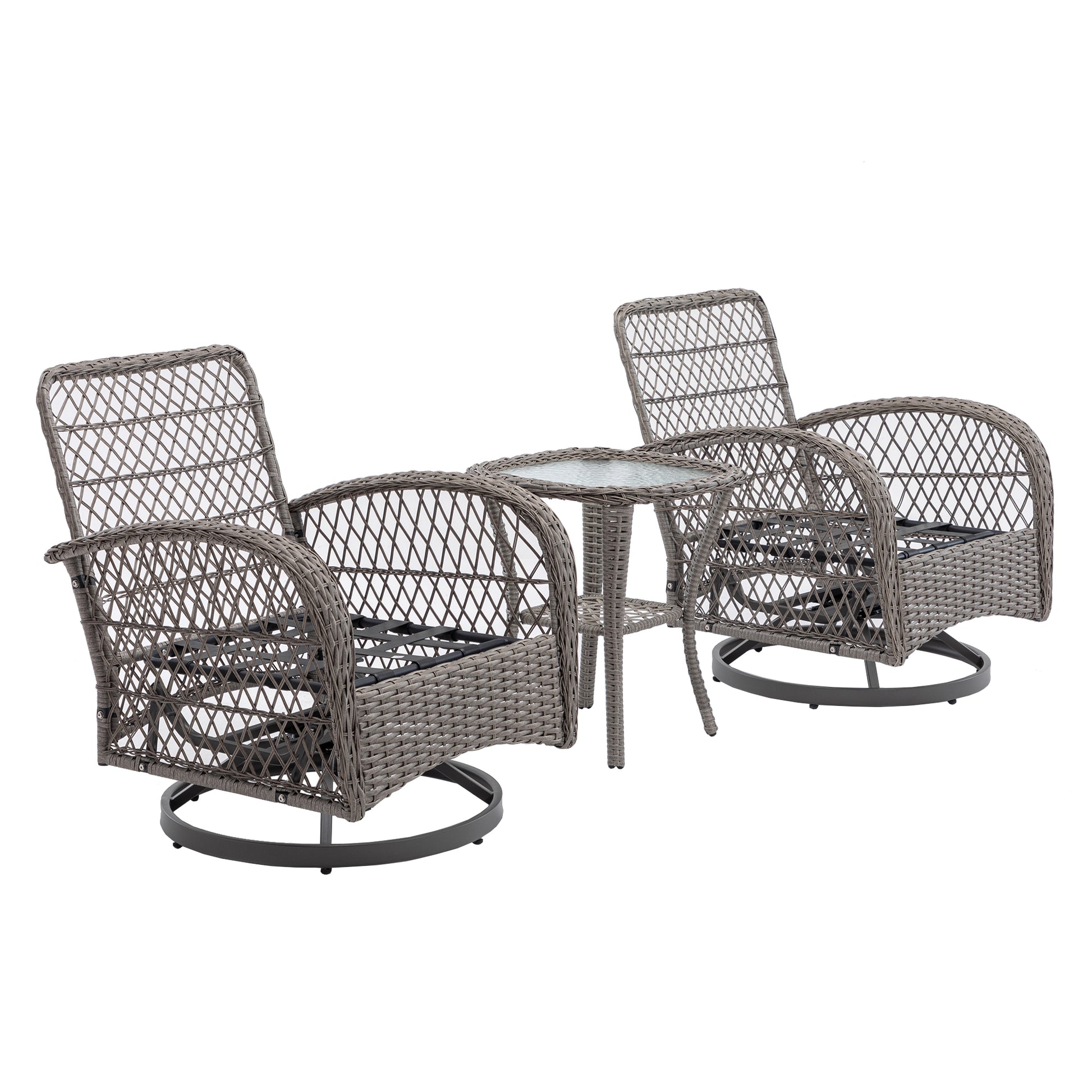 3 Pieces Outdoor Swivel Rocker Patio Chairs, 360 Degree Rocking Patio Conversation Set With Thickened Cushions And Glass Coffee Table For Backyard, Grey Grey Steel
