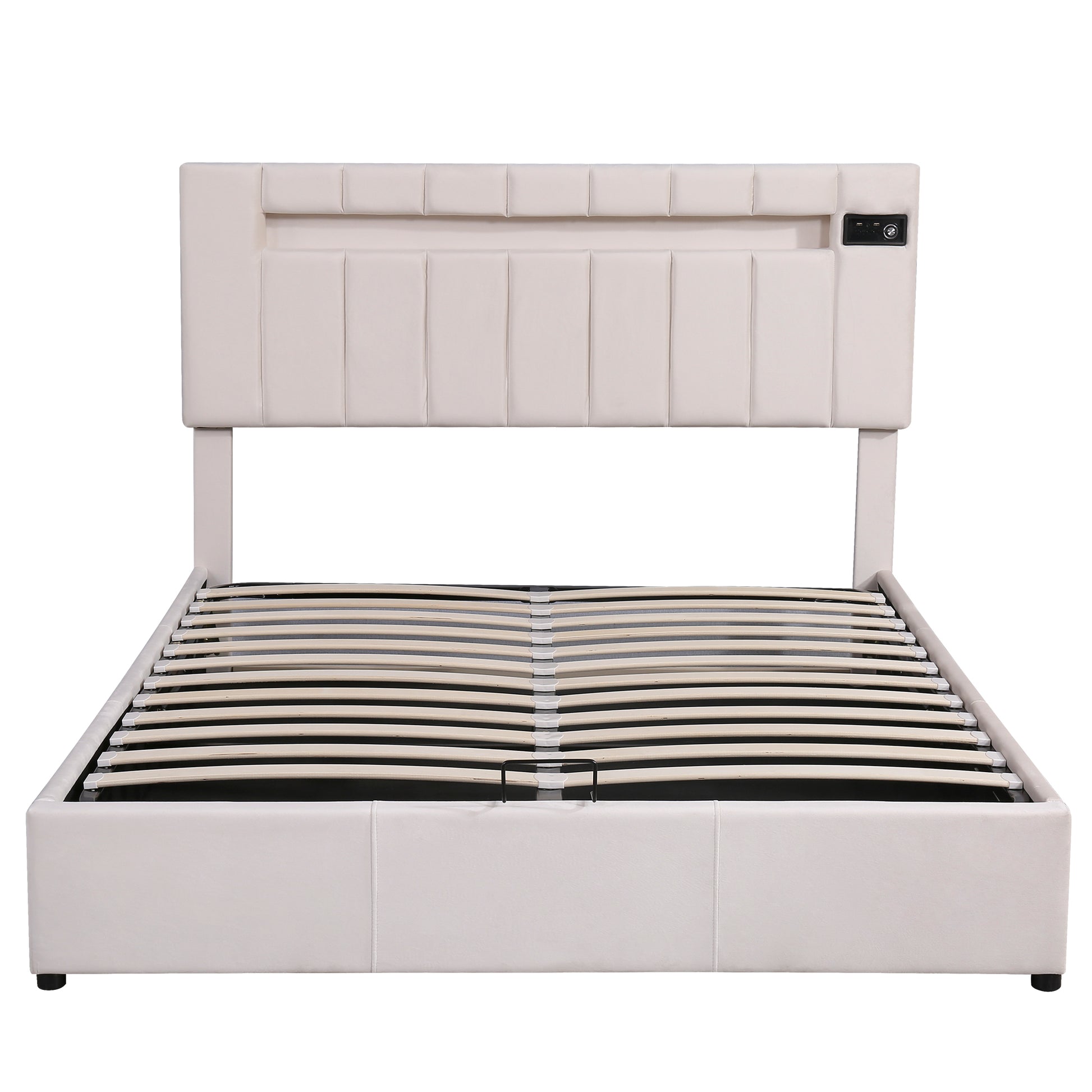 Upholstered Bed Queen Size With Led Light, Bluetooth Player And Usb Charging, Hydraulic Storage Bed In Beige Velvet Fabric Beige Foam Upholstered