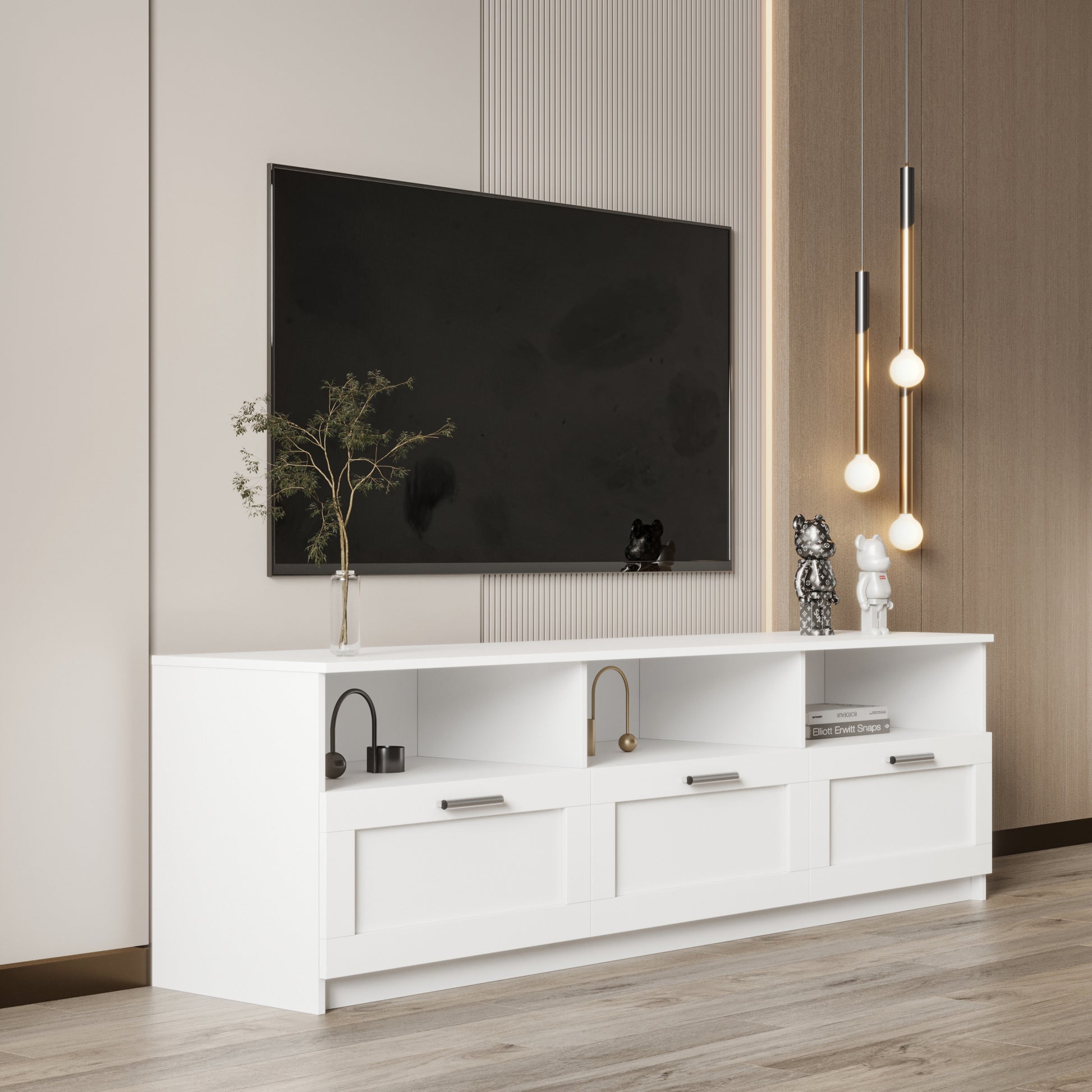 White Modern Minimalist Tv Cabinet 80 Inch Tv Stand, Open Locker Living Room Bedroom White Mdf