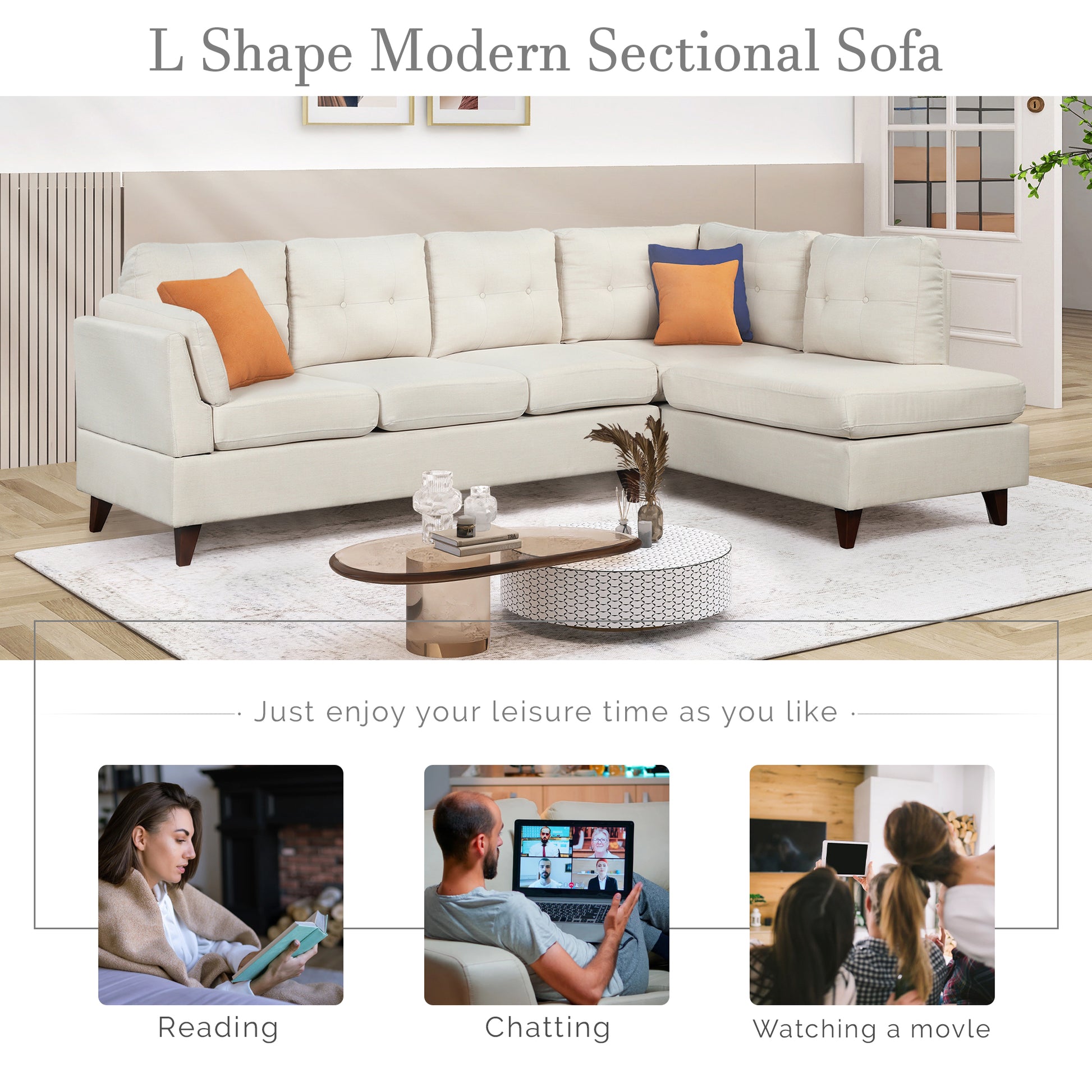 97.2" Modern Linen Fabric Sofa, L Shape Couch With Chaise Lounge,Sectional Sofa With One Lumbar Pad,Beige Beige Foam Linen 4 Seat