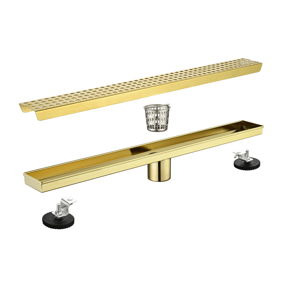 24 Inches Linear Shower Drain With Removable Quadrato Pattern Grate, 304 Stainless Shower Drain Included Hair Strainer And Leveling Feet Brushed Gold Stainless Steel