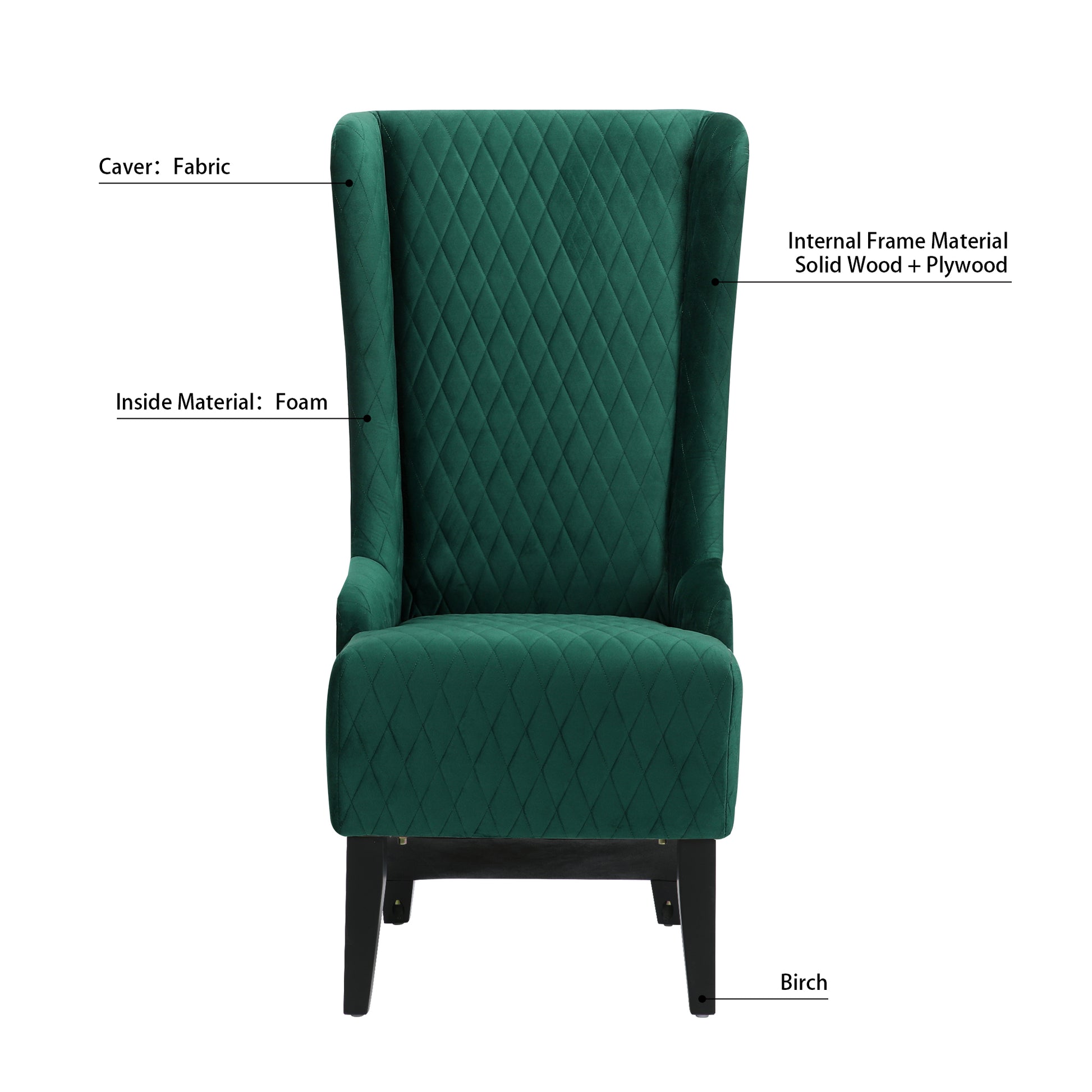 23.03" Wide High Back Velvet Accent Chair, Comfy High Wingback Chair, Living Room Chair With Soft Padded & Wooden Legs, Modern Side Chair For Living Room, Bedroom, Green Retro Green Fabric