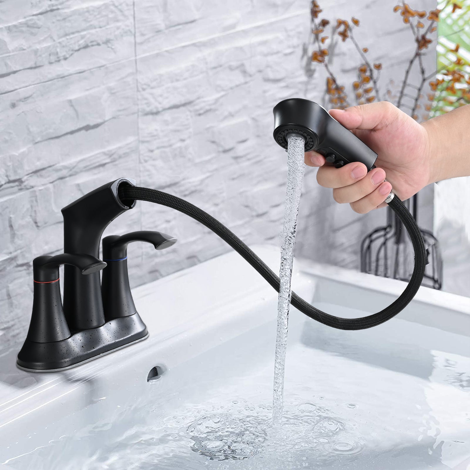 Bathroom Faucet With Pull Out Sprayer, 2 Handle 4 Inch Faucet Utility Sink Faucet, Matte Black Matte Black Stainless Steel