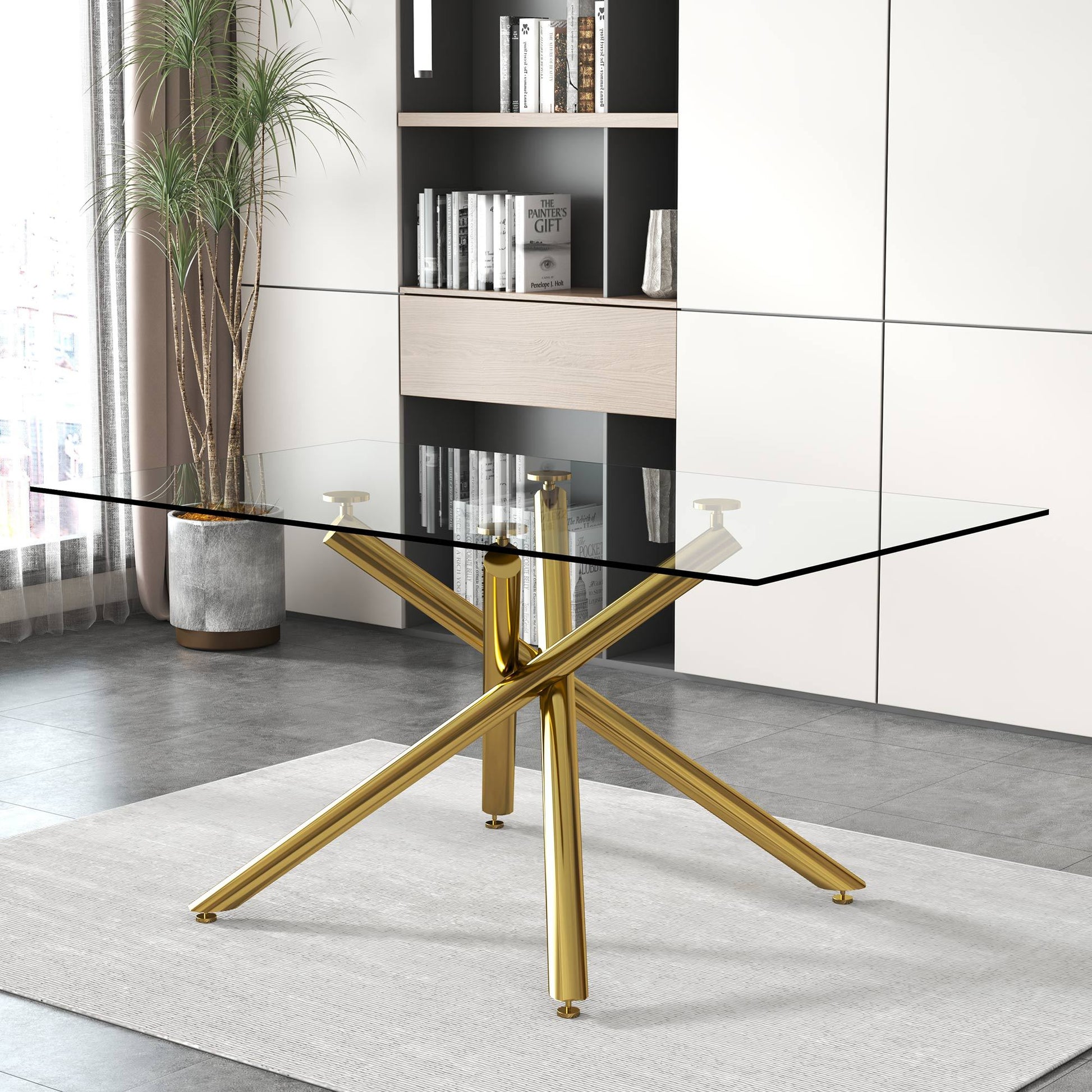 Large Modern Simple Rectangular Glass Dining Table For 4 8 People With 0.39" Tempered Glass Top And Golden Metal Legs For Kitchen, Dining Room, Living Room, Meeting Room, Banquet Hall Golden Glass