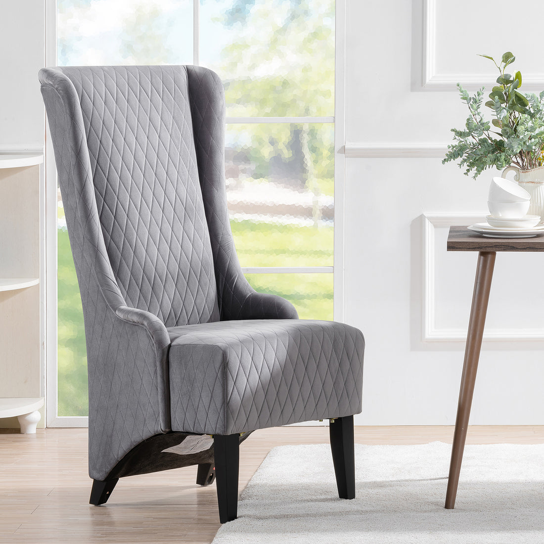 23.03" Wide High Back Velvet Accent Chair, Comfy High Wingback Chair, Living Room Chair With Soft Padded & Wooden Legs, Modern Side Chair For Living Room, Bedroom, Grey Gray Fabric