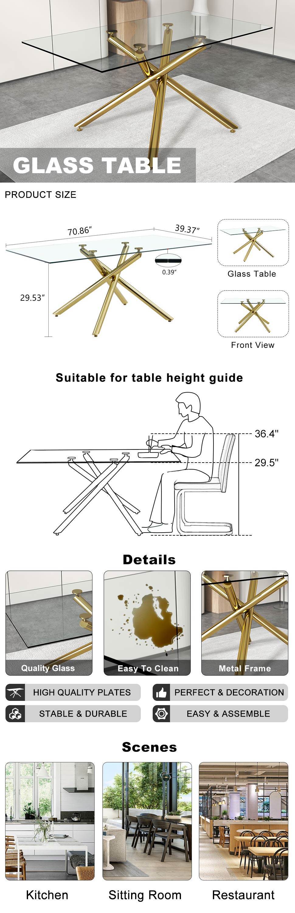 Large Modern Minimalist Rectangular Glass Dining Table With 6 8 People With 0.39" Tempered Glass Top And Gold Metal Legs For Kitchen, Dining Room, Living Room, Meeting Room, Banquet Hall Golden Glass