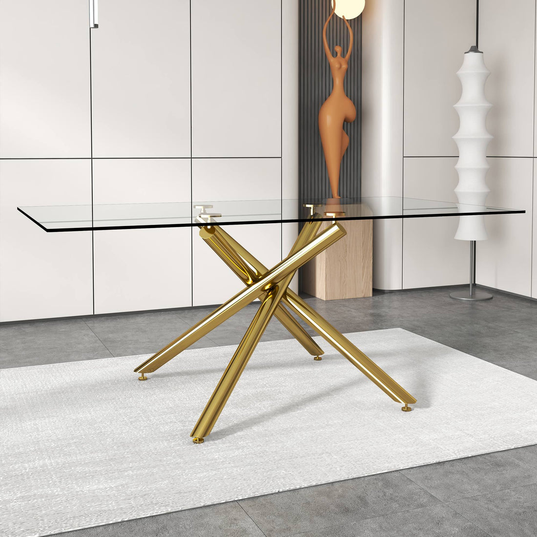 Large Modern Minimalist Rectangular Glass Dining Table With 6 8 People With 0.39" Tempered Glass Top And Gold Metal Legs For Kitchen, Dining Room, Living Room, Meeting Room, Banquet Hall Golden Glass