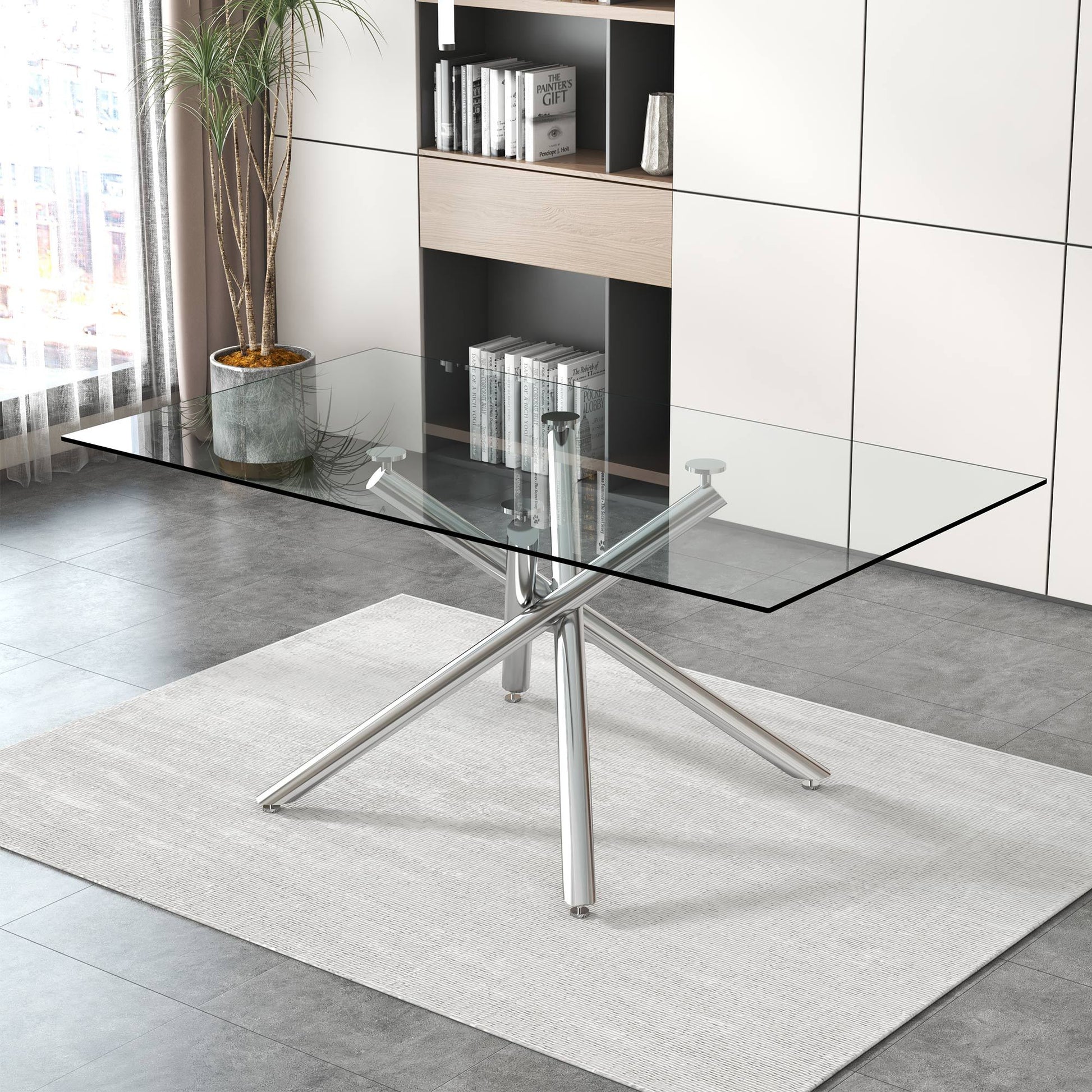 Large Modern Minimalist Rectangular Glass Dining Table silver-glass