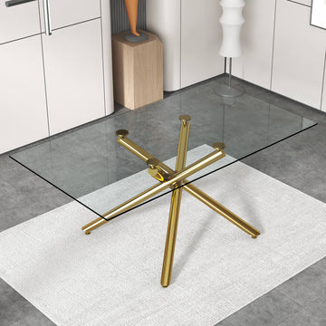 Large Modern Simple Rectangular Glass Dining Table For 4 8 People With 0.39" Tempered Glass Top And Golden Metal Legs For Kitchen, Dining Room, Living Room, Meeting Room, Banquet Hall Golden Glass