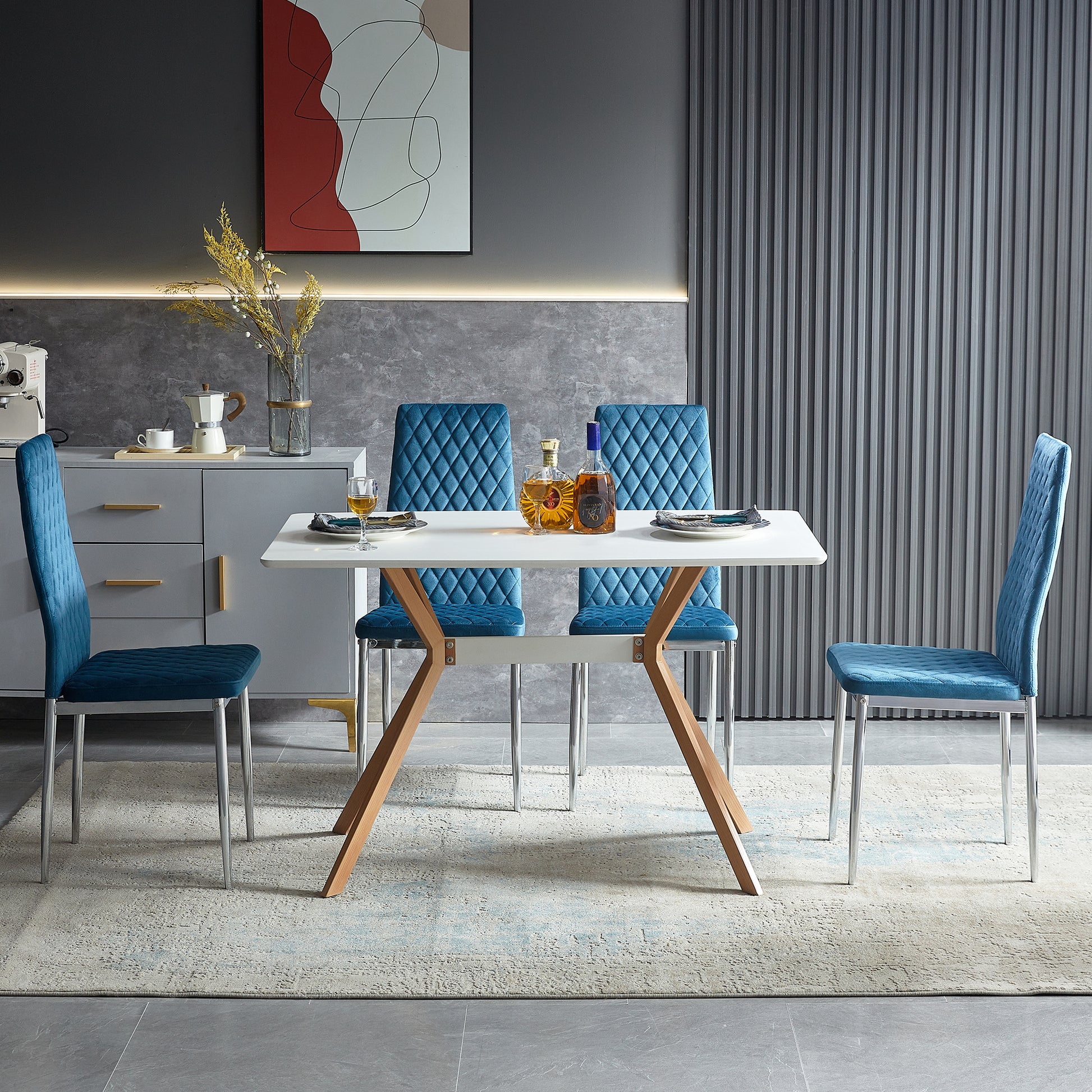 Light Blue Modern Simple Style Dining Chair Fabric Chrome Metal Pipe Diamond Grid Pattern Restaurant Home Conference Chair Set Of 6 Light Blue Fabric