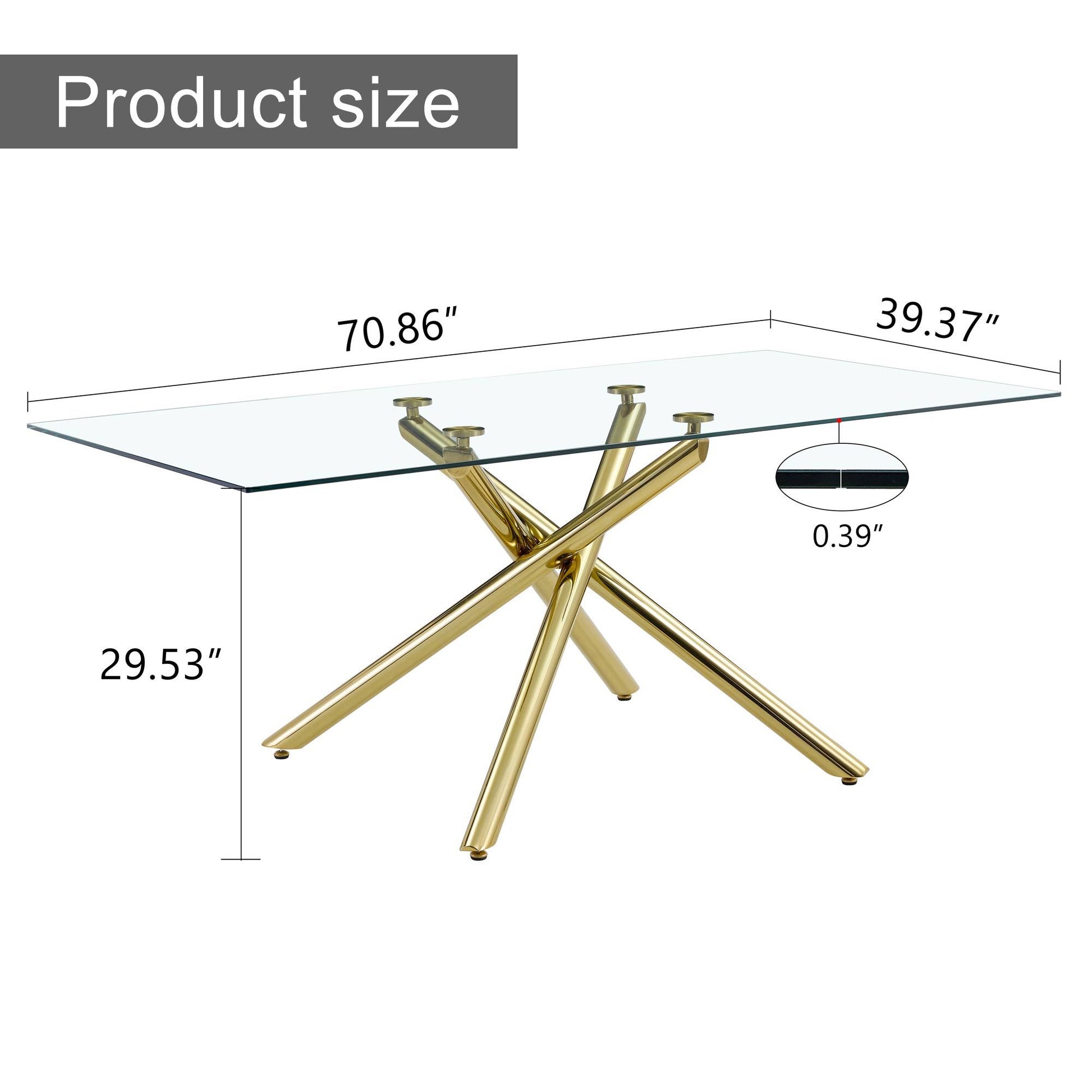 Large Modern Minimalist Rectangular Glass Dining Table With 6 8 People With 0.39" Tempered Glass Top And Gold Metal Legs For Kitchen, Dining Room, Living Room, Meeting Room, Banquet Hall Golden Glass