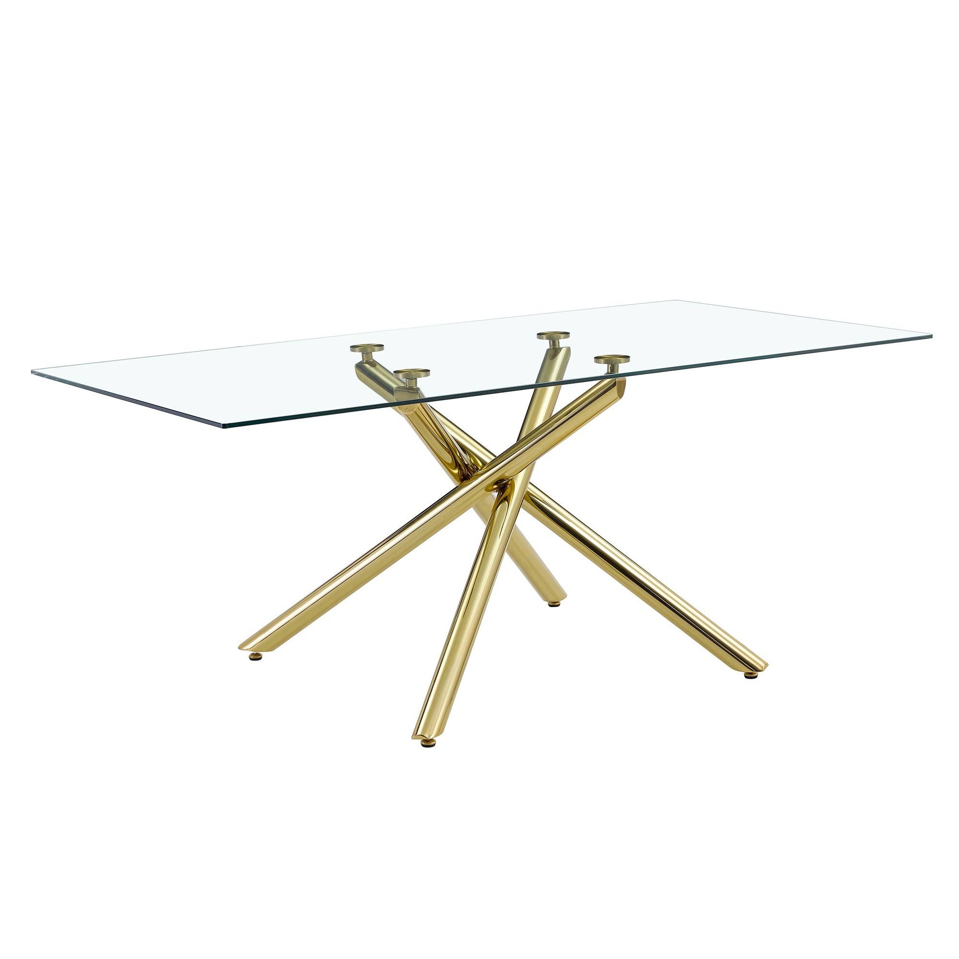Large Modern Simple Rectangular Glass Dining Table For 4 8 People With 0.39" Tempered Glass Top And Golden Metal Legs For Kitchen, Dining Room, Living Room, Meeting Room, Banquet Hall Golden Glass