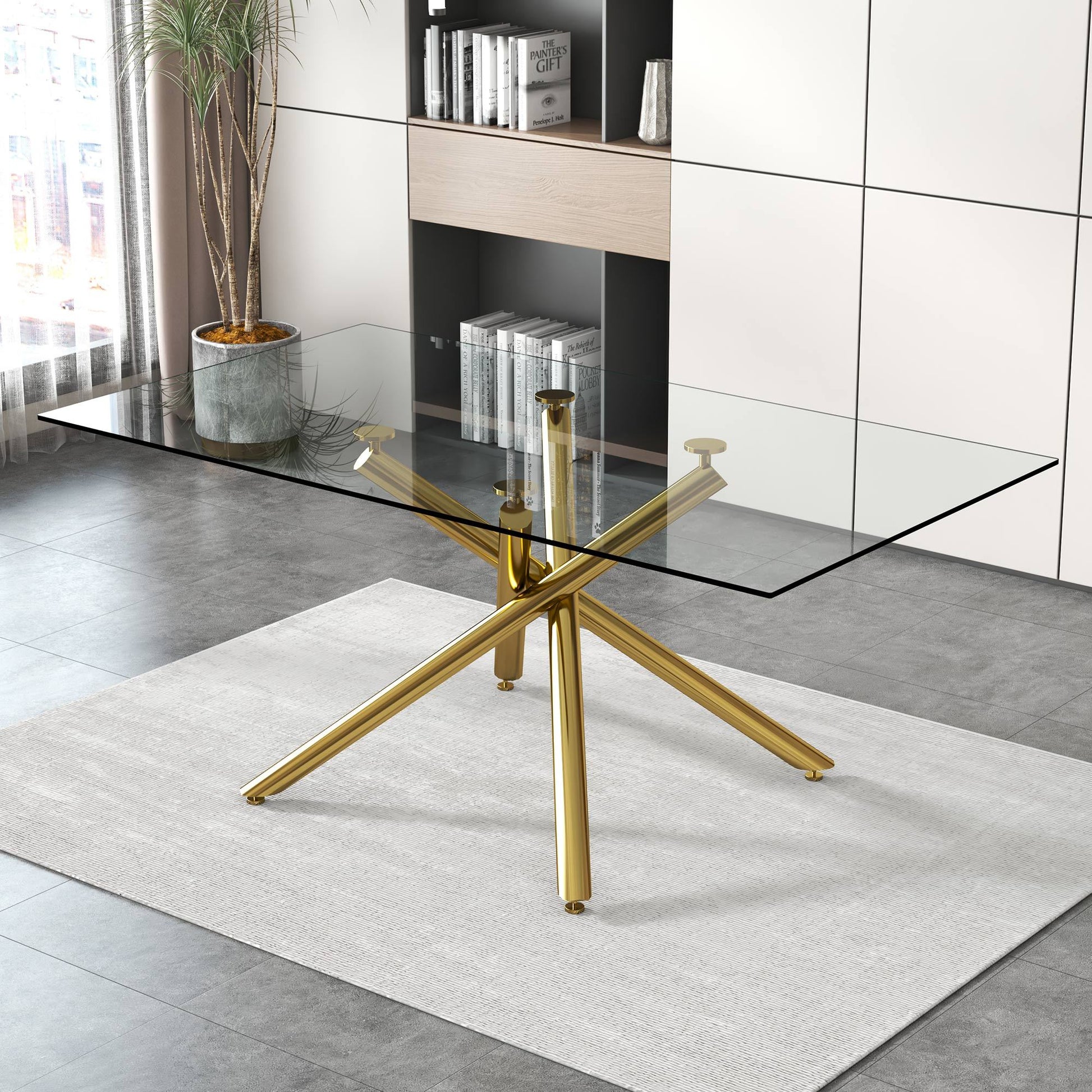 Large Modern Minimalist Rectangular Glass Dining Table golden-glass