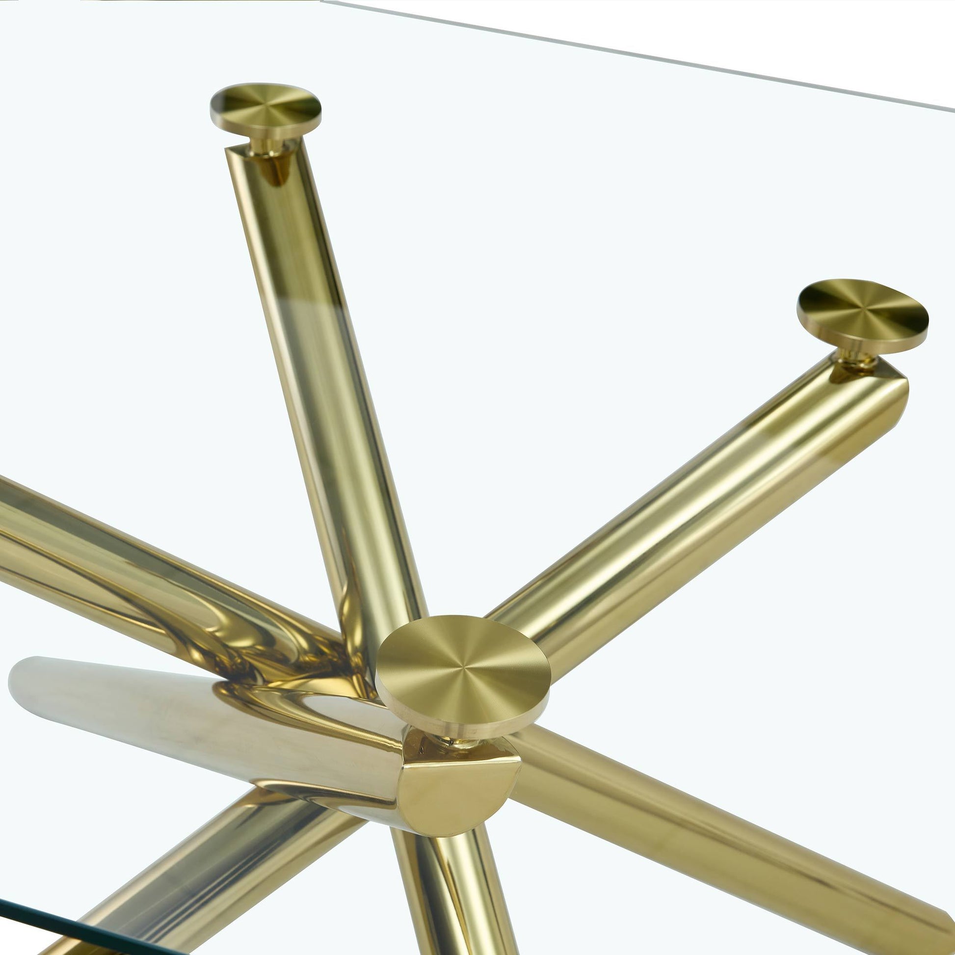 Large Modern Simple Rectangular Glass Dining Table For 4 8 People With 0.39" Tempered Glass Top And Golden Metal Legs For Kitchen, Dining Room, Living Room, Meeting Room, Banquet Hall Golden Glass