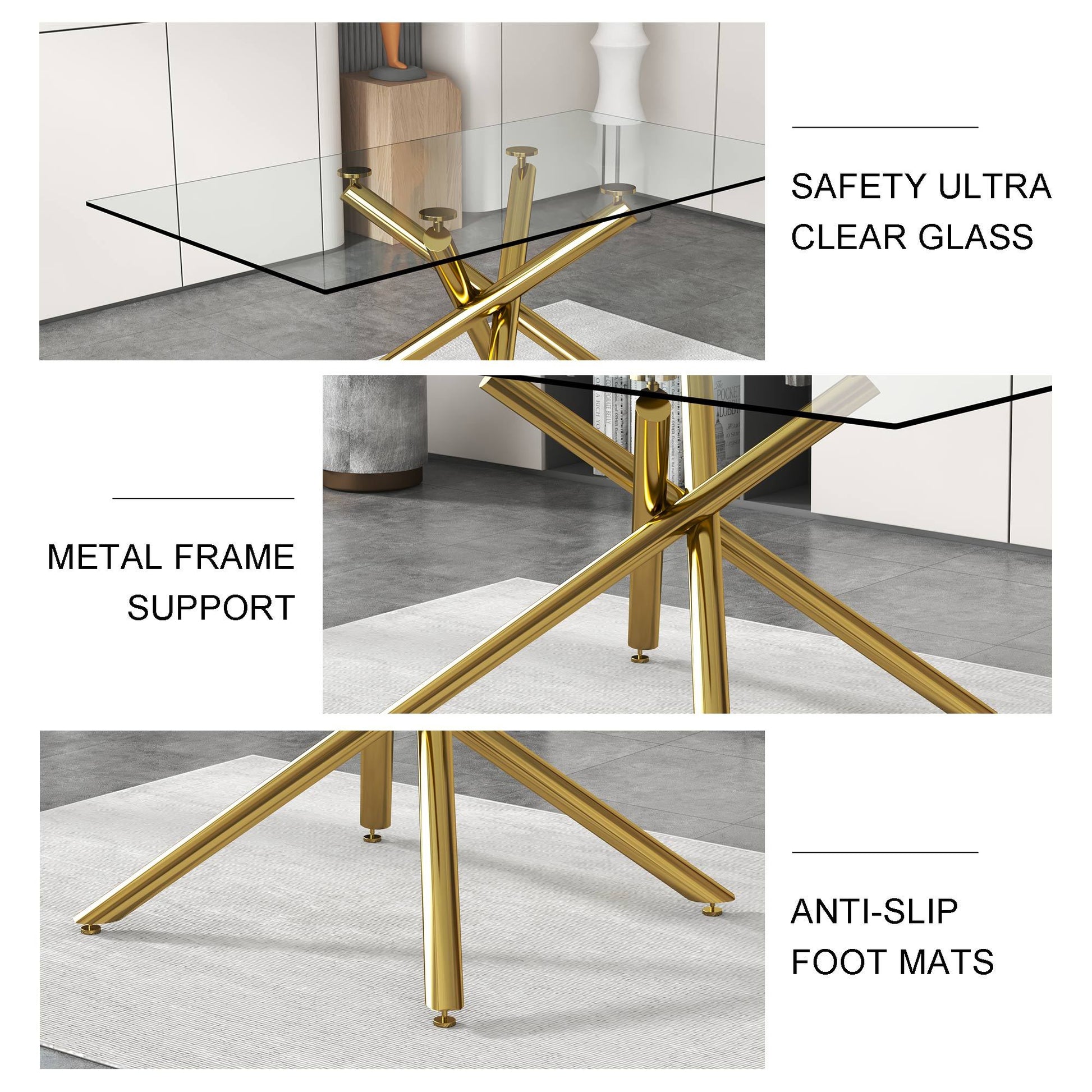 Large Modern Minimalist Rectangular Glass Dining Table golden-glass