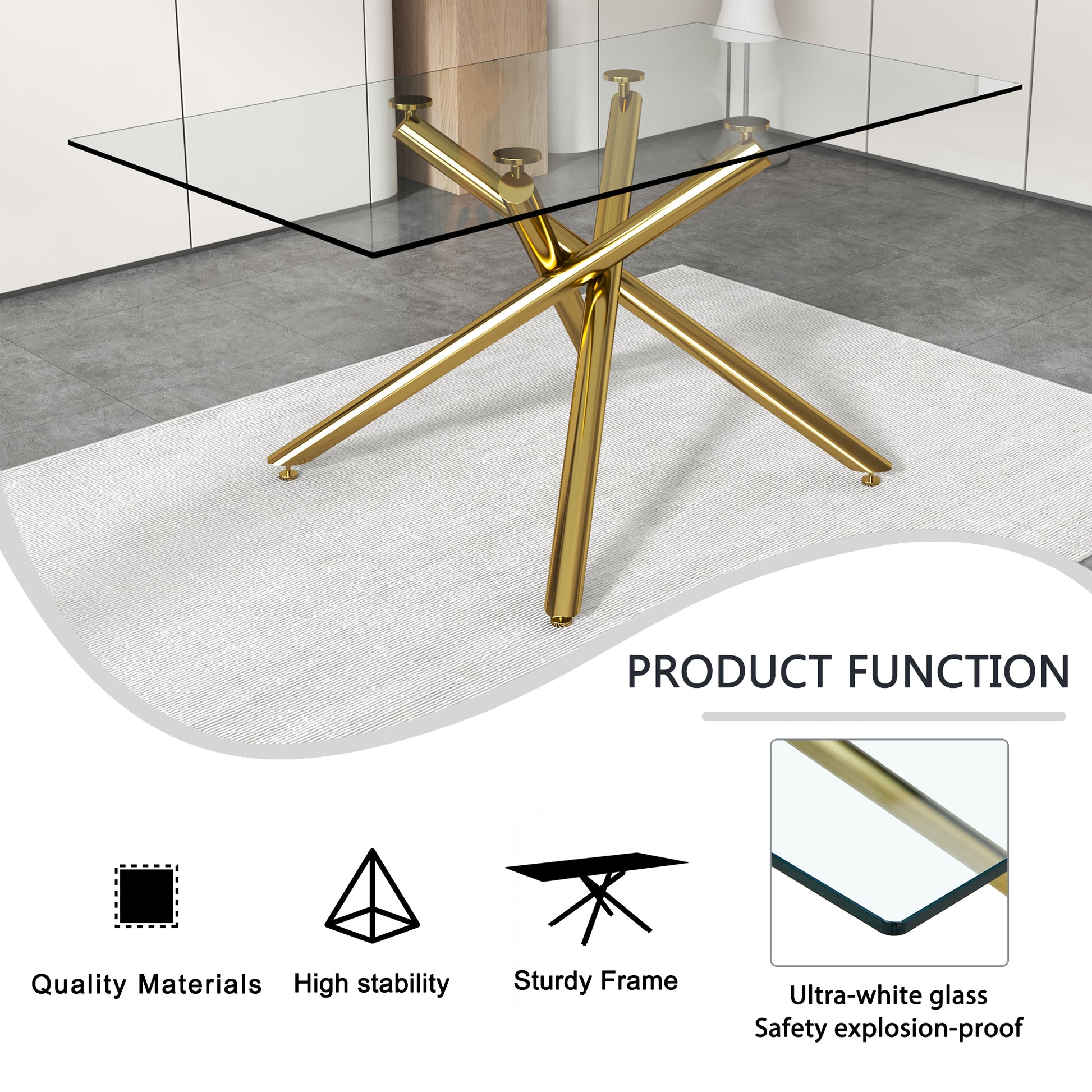 Large Modern Simple Rectangular Glass Dining Table For 4 8 People With 0.39" Tempered Glass Top And Golden Metal Legs For Kitchen, Dining Room, Living Room, Meeting Room, Banquet Hall Golden Glass