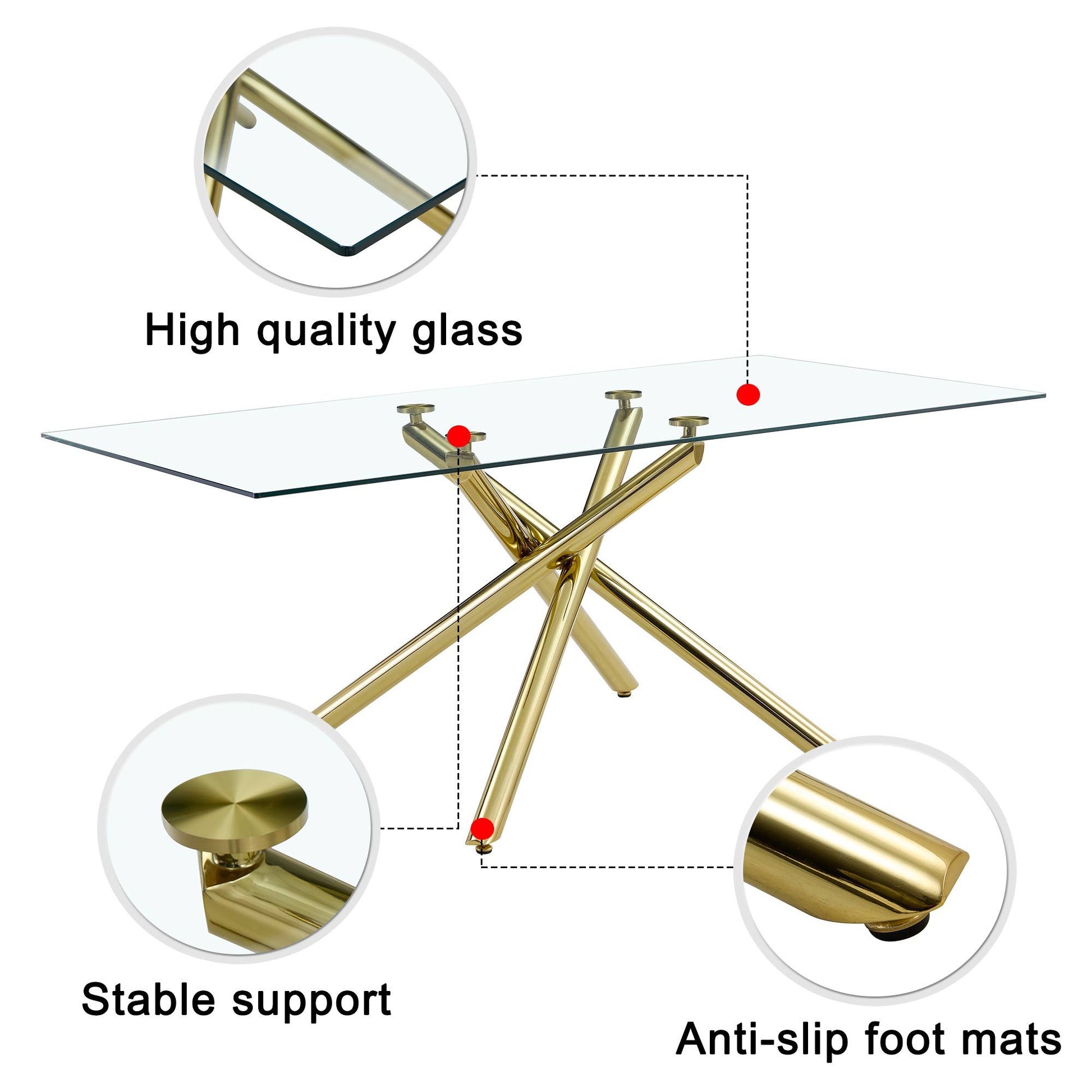 Large Modern Simple Rectangular Glass Dining Table For 4 8 People With 0.39" Tempered Glass Top And Golden Metal Legs For Kitchen, Dining Room, Living Room, Meeting Room, Banquet Hall Golden Glass