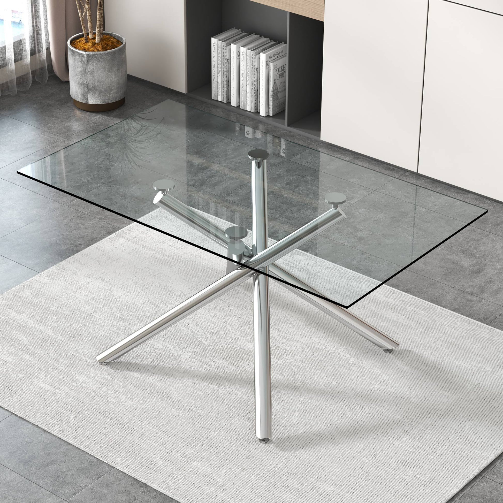 Large Modern Minimalist Rectangular Glass Dining Table silver-glass