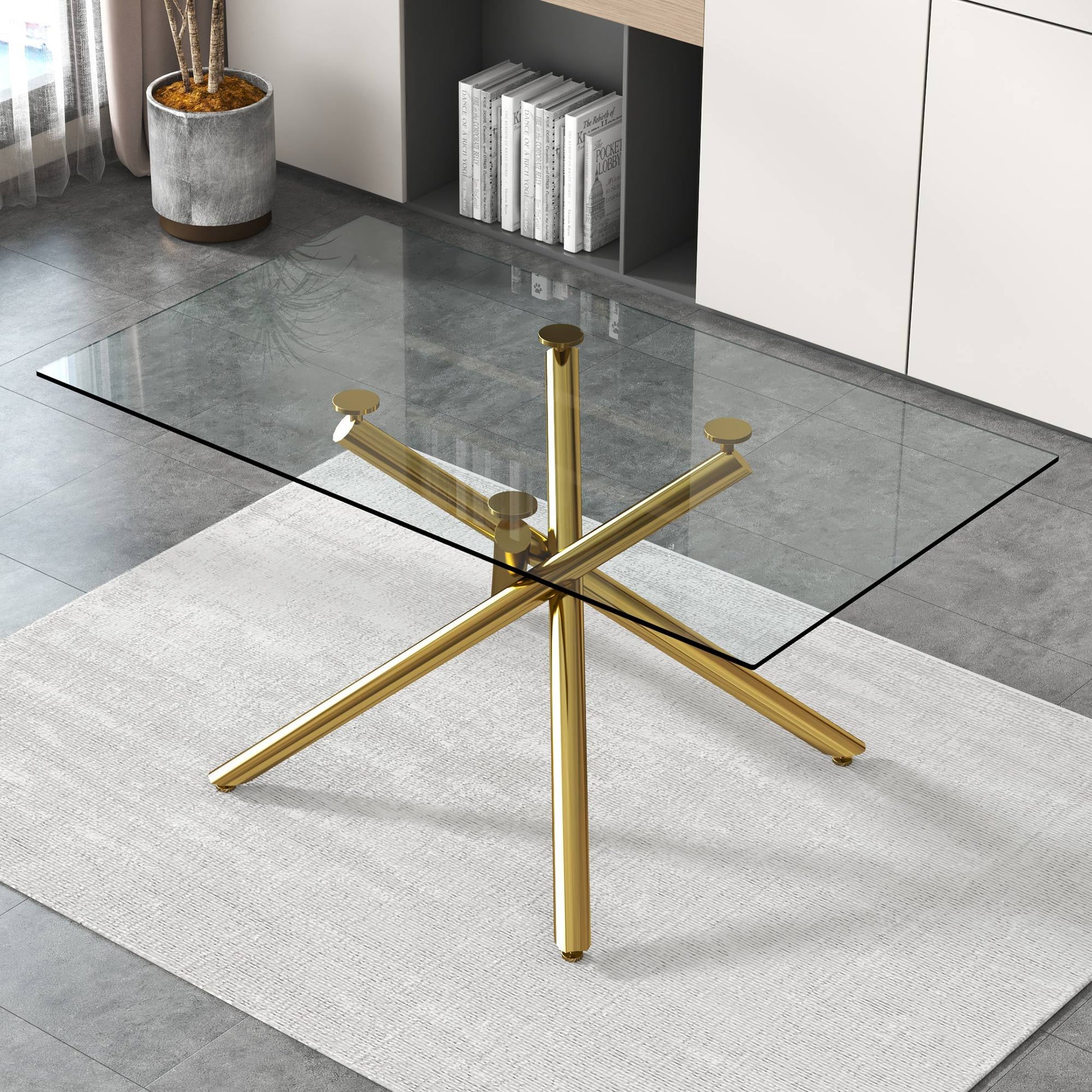 Large Modern Simple Rectangular Glass Dining Table For 4 8 People With 0.39" Tempered Glass Top And Golden Metal Legs For Kitchen, Dining Room, Living Room, Meeting Room, Banquet Hall Golden Glass