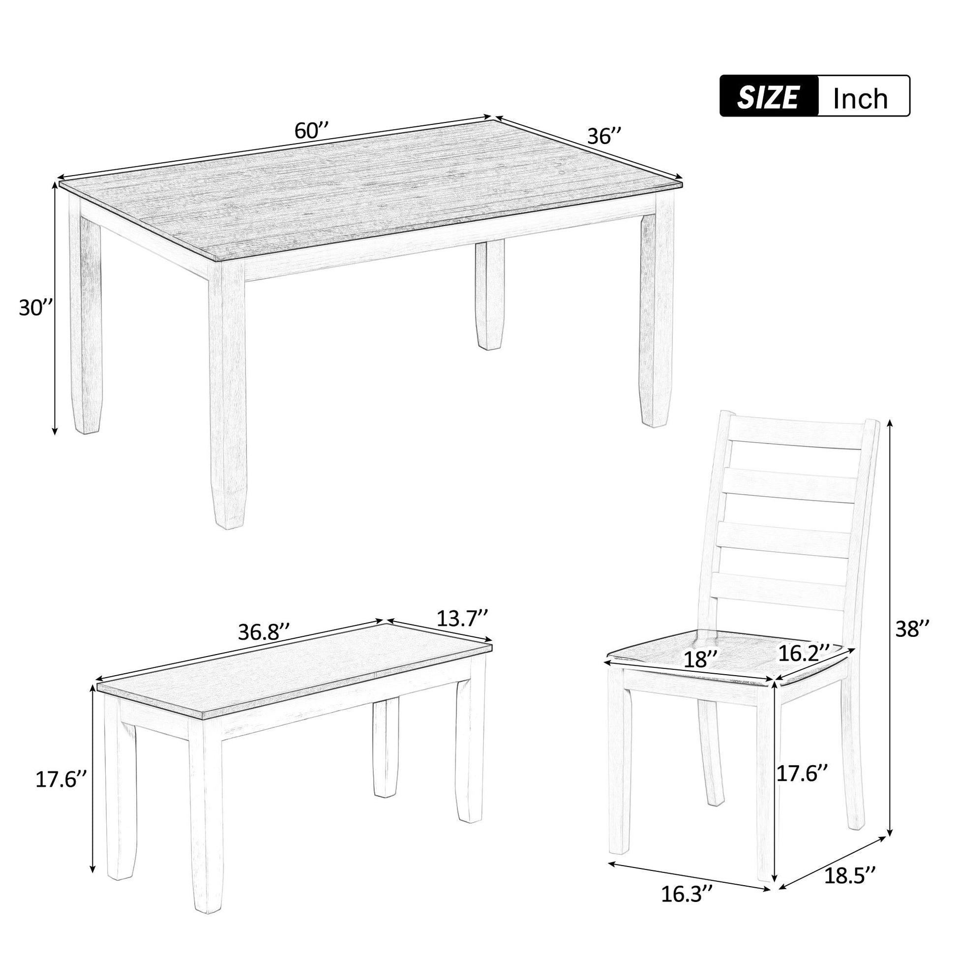 Rustic Style 6 Piece Dining Room Table Set With 4 Ergonomic Designed Chairs & A Bench Walnut Cottage White Walnut Solid Wood