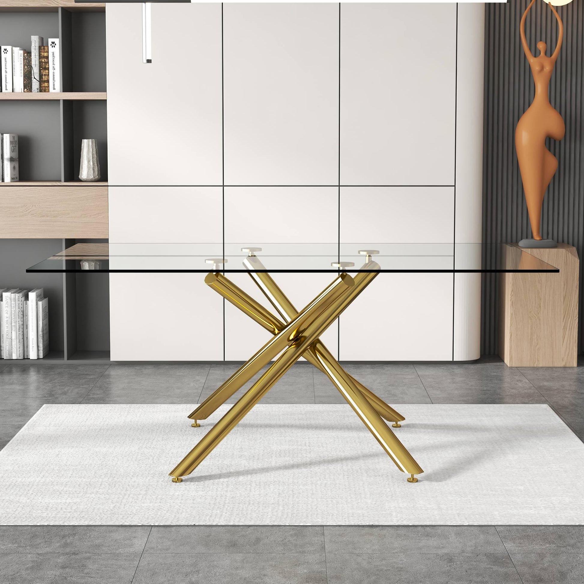 Large Modern Minimalist Rectangular Glass Dining Table golden-glass