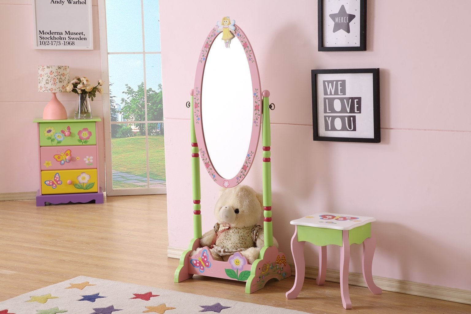 Olivia The Fairy Girls Wooden Standing Mirror Pink Mdf