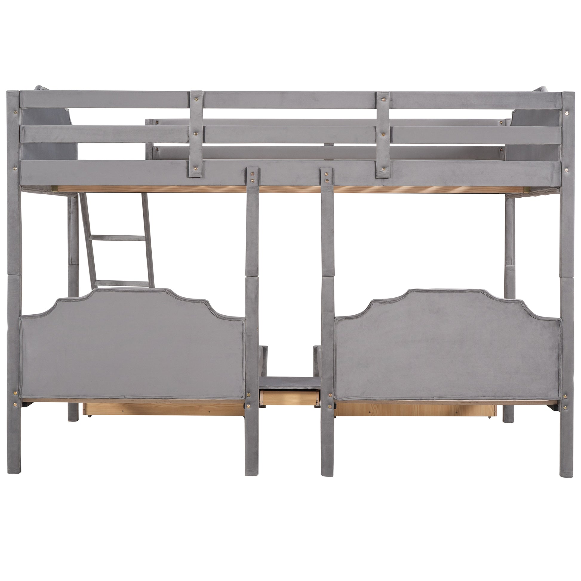 Full Over Twin & Twin Bunk Bed, Velvet Triple Bunk Bed With Drawers And Guardrails, Gray Gray Velvet