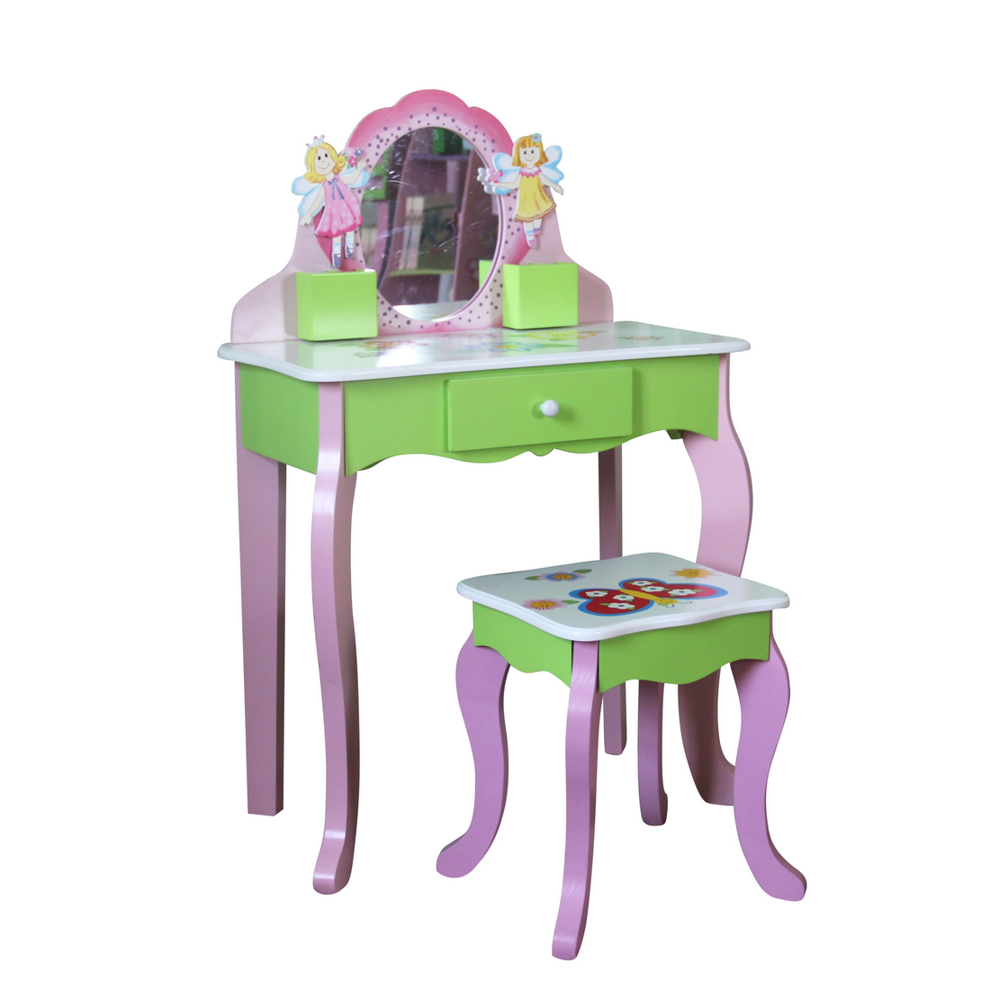 Layla Girls Flower Vanity Set With Stool Green Mdf