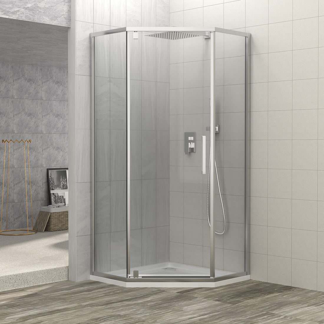 Shower Door 34 1 8" X 72" Semi Frameless Neo Angle Hinged Shower Enclosure, Chrome Chrome Glass