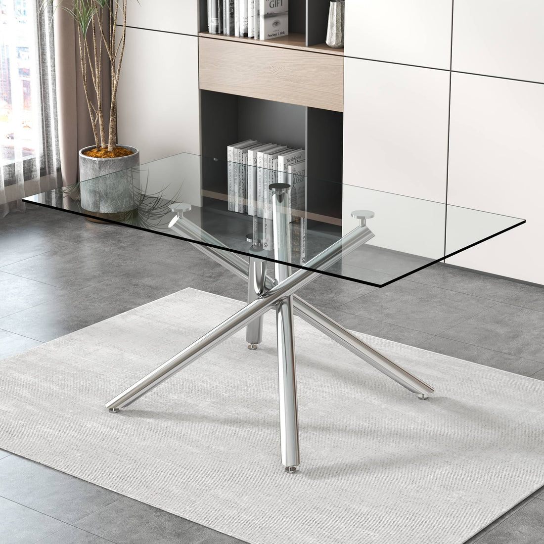 Large Modern Minimalist Rectangular Glass Dining Table For 6 8 With 0.39" Tempered Glass Tabletop And Silver Chrome Metal Legs, For Kitchen Dining Living Meeting Room Banquet Hall,63''X35''X 29''1537 Silver Glass