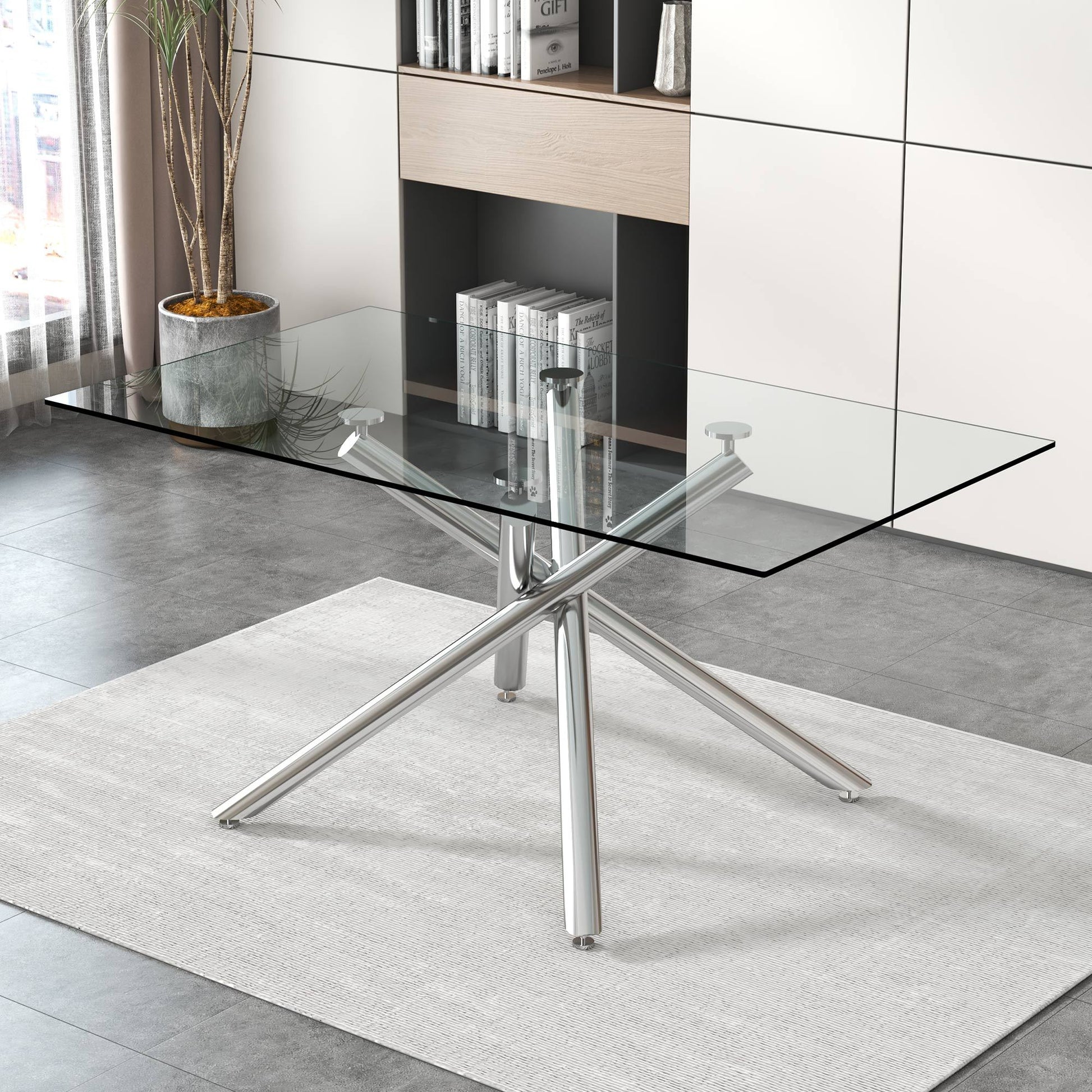 Large Modern Minimalist Rectangular Glass Dining Table silver-glass