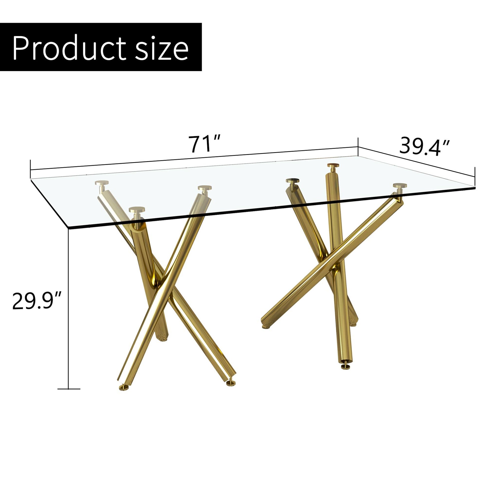 Large Modern Minimalist Rectangular Glass Dining Table For 6 8 With 0.39"Tempered Glass Tabletop And Golden Chrome Metal Legs,Kitchen Dining Living Meeting Room Banquet Hall, 71" W X 39" D X 30 1538 Golden Glass