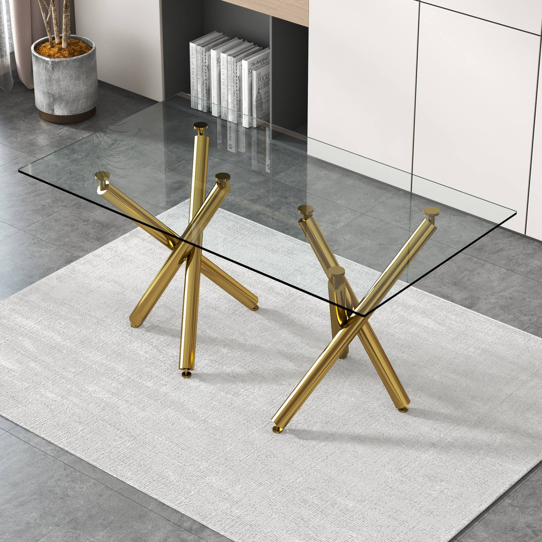 Large Modern Minimalist Rectangular Glass Dining Table For 6 8 With 0.39"Tempered Glass Tabletop And Golden Chrome Metal Legs,Kitchen Dining Living Meeting Room Banquet Hall, 71" W X 39" D X 30 1538 Golden Glass