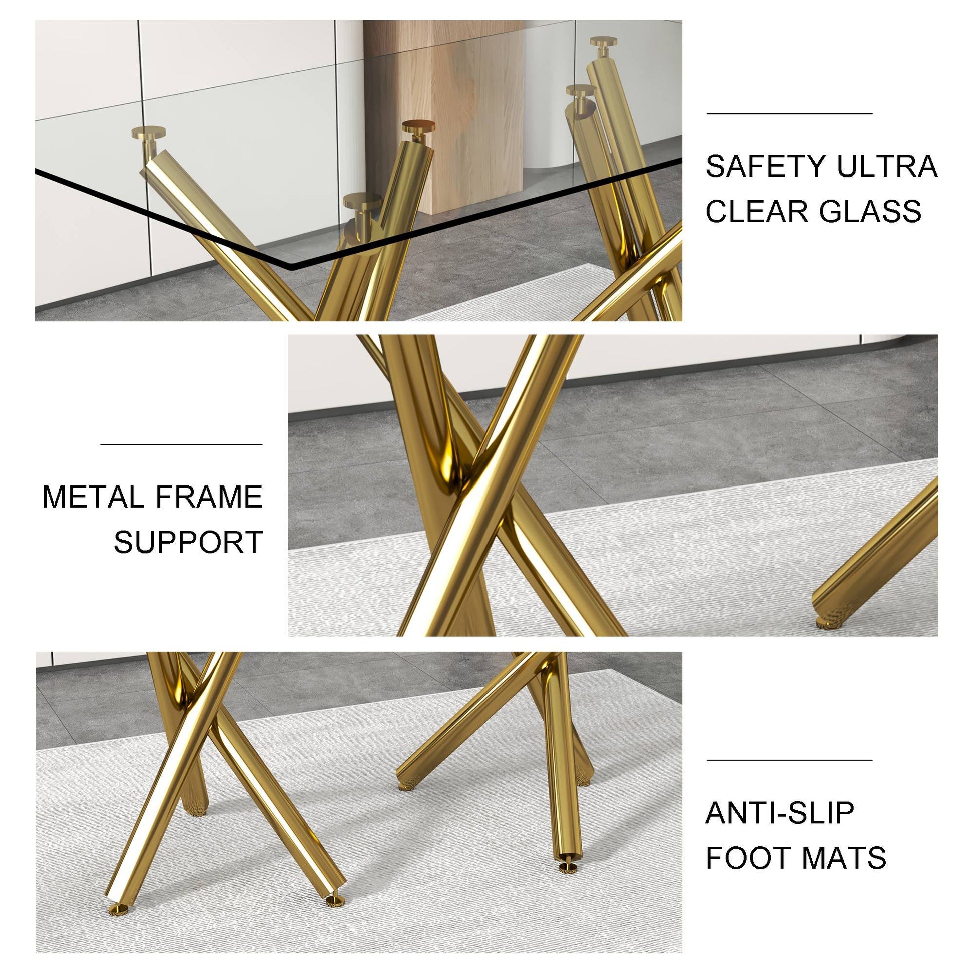 Large Modern Minimalist Rectangular Glass Dining Table For 6 8 With 0.39"Tempered Glass Tabletop And Golden Chrome Metal Legs,Kitchen Dining Living Meeting Room Banquet Hall, 71" W X 39" D X 30 1538 Golden Glass