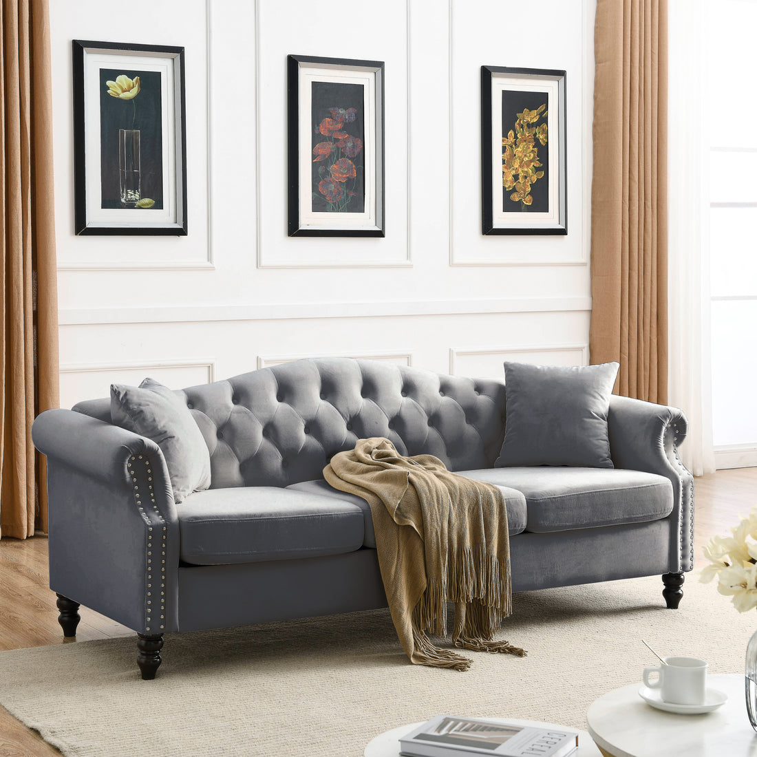 Video 79" Chesterfield Sofa Grey Velvet For Living Room, 3 Seater Sofa Tufted Couch With Rolled Arms And For Living Room, Bedroom, Office, Apartment, Two Pillowsw834S00012 Grey Foam Velvet