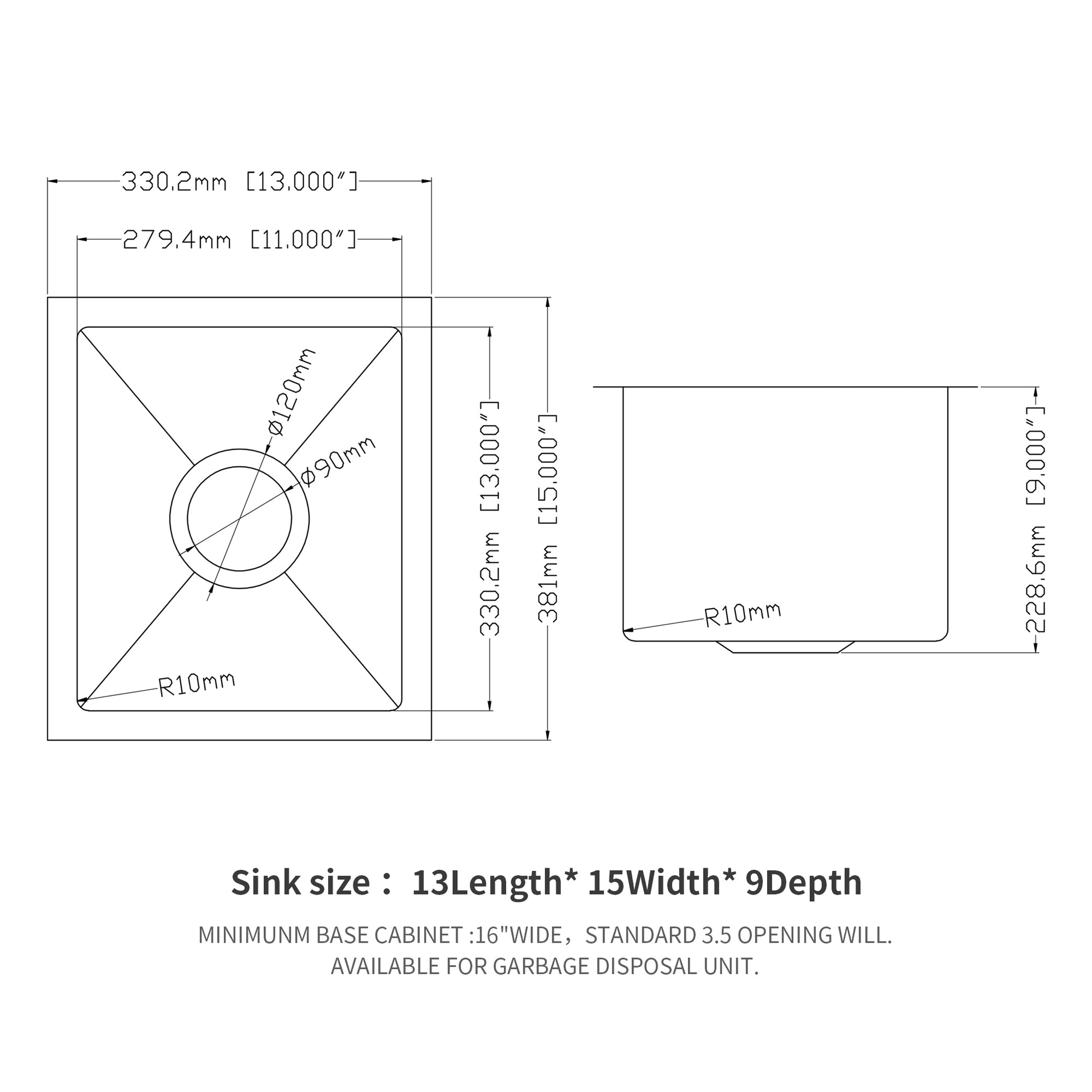 13 Inch Undermount Sink 13"X15"X9" Undermount Stainless Steel Kitchen Sink 16 Gauge 9 Inch Deep Single Bowl Kitchen Sink Basin Brushed Nickel Stainless Steel