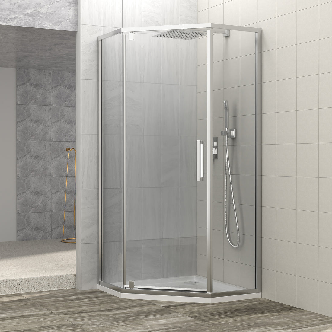Shower Door 34 1 8" x 72" Semi Frameless Neo Angle chrome-glass