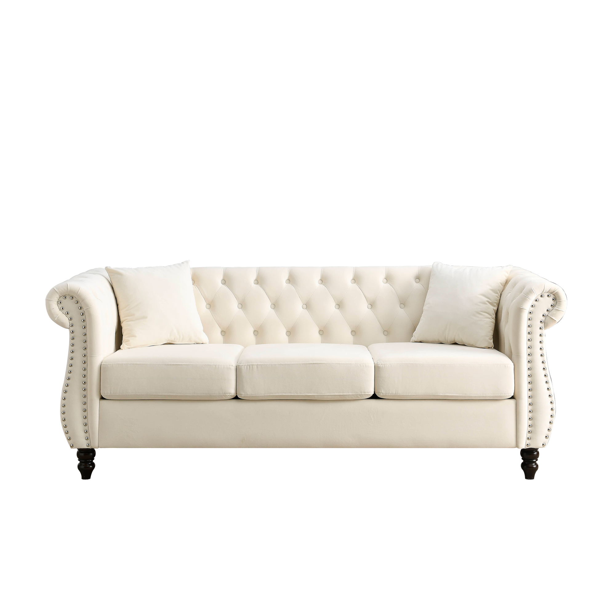 Video 80" Chesterfield Sofa Beige Velvet For Living Room, 3 Seater Sofa Tufted Couch With Rolled Arms And For Living Room, Bedroom, Office, Apartment, Two Pillowsw834S00008 Beige Foam Velvet