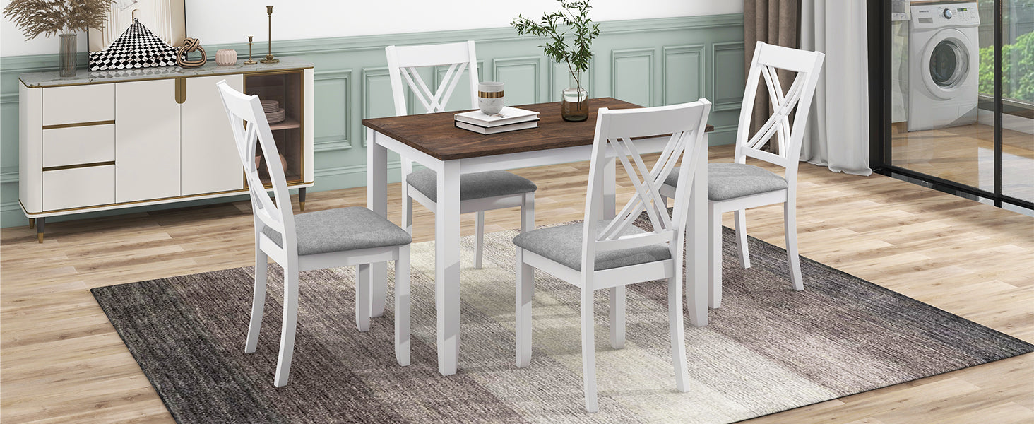 Rustic Minimalist Wood 5 Piece Dining Table Set With 4 X Back Chairs For Small Places, White White Wood Dining Room Solid Wood Rubberwood Rectangular Dining Table With Chair Upholstered Chair Wood White Slat Back Seats 4 Rustic 4 Leg Foam Solid Wood